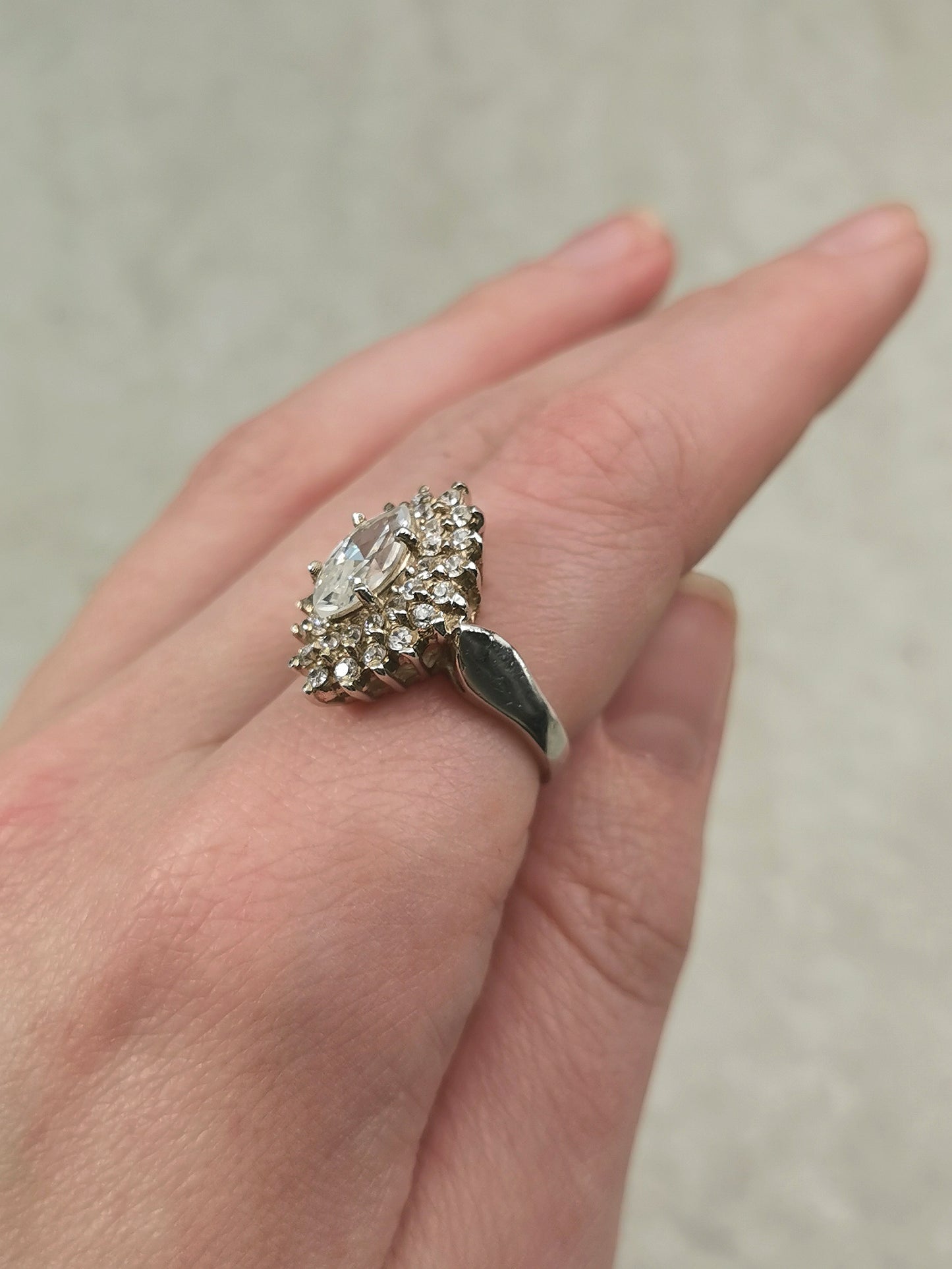 Vintage 1970s Sterling Silver Marquise CZ Cluster Ring
