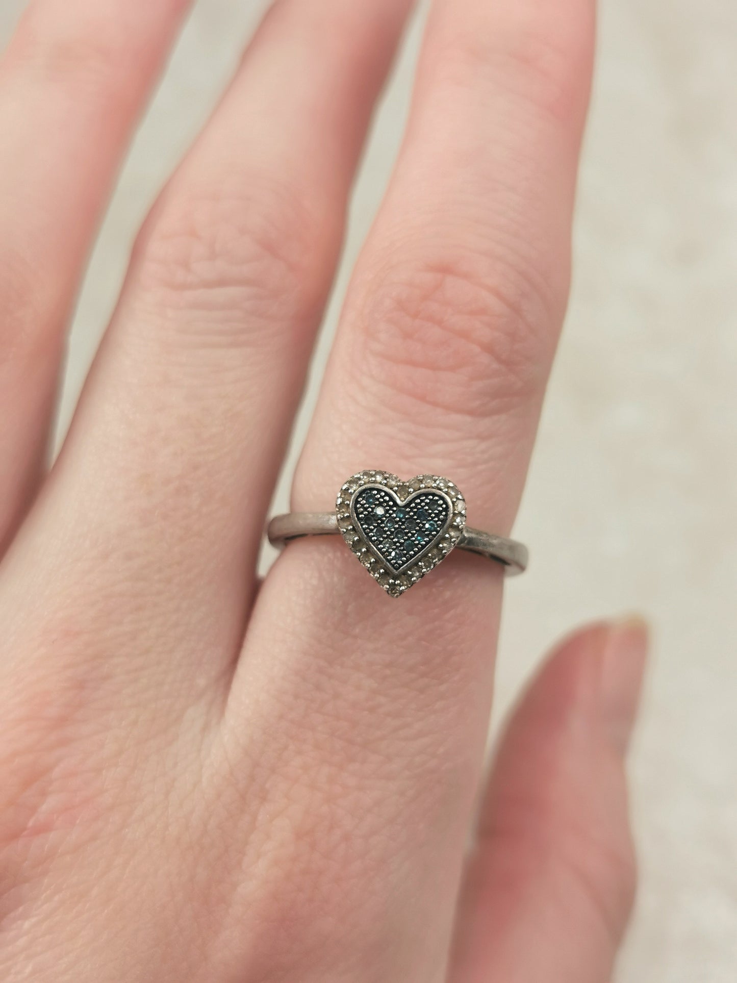 Estate Sterling Silver Blue & White Diamond Heart Ring