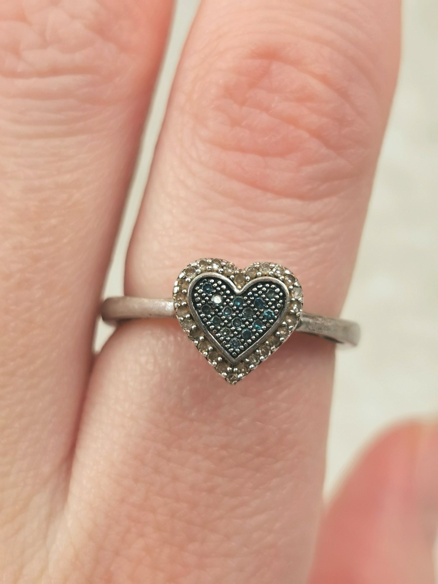 Estate Sterling Silver Blue & White Diamond Heart Ring