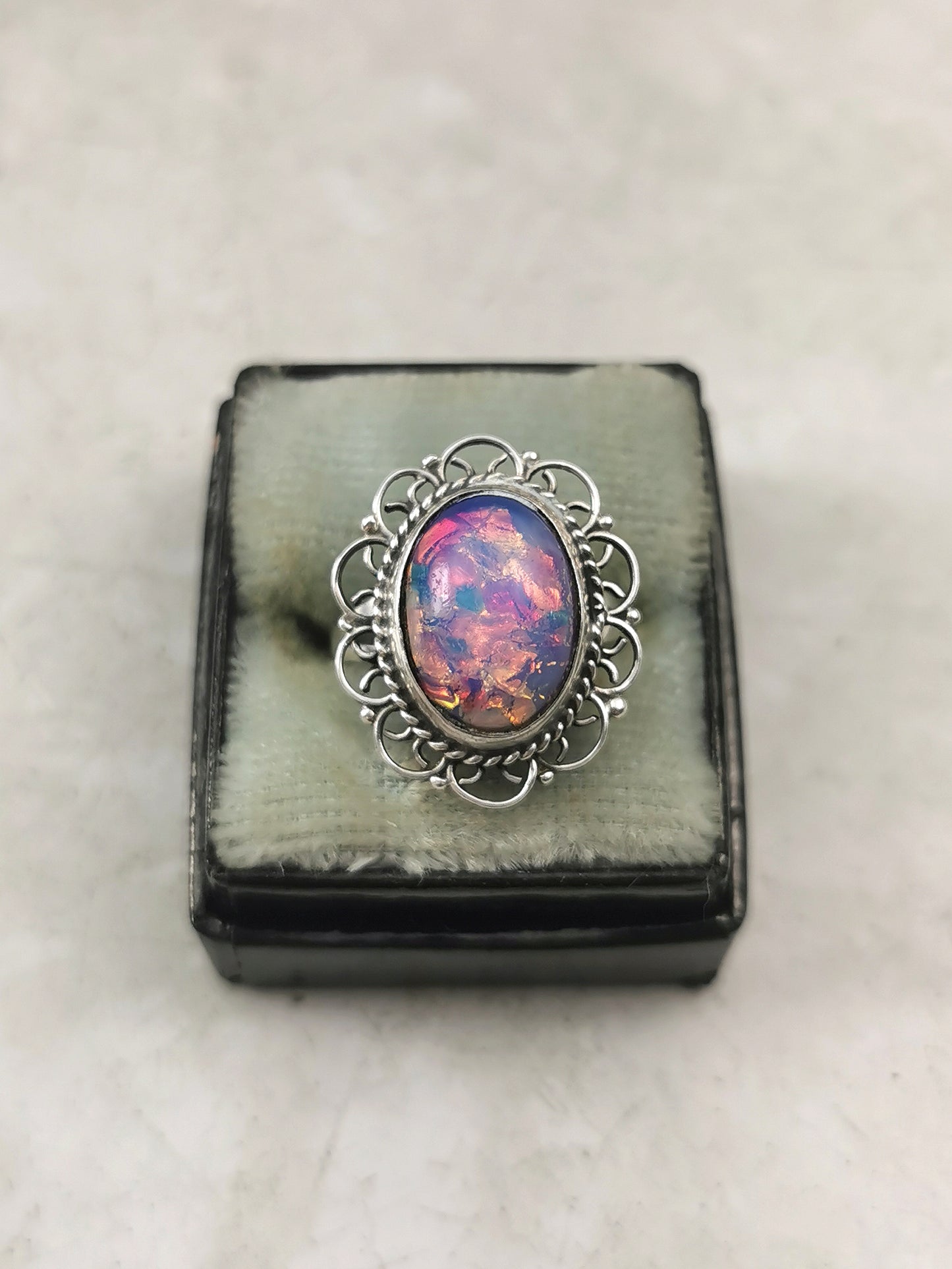 Vintage Mexican Sterling Silver Art Glass Opal Ring