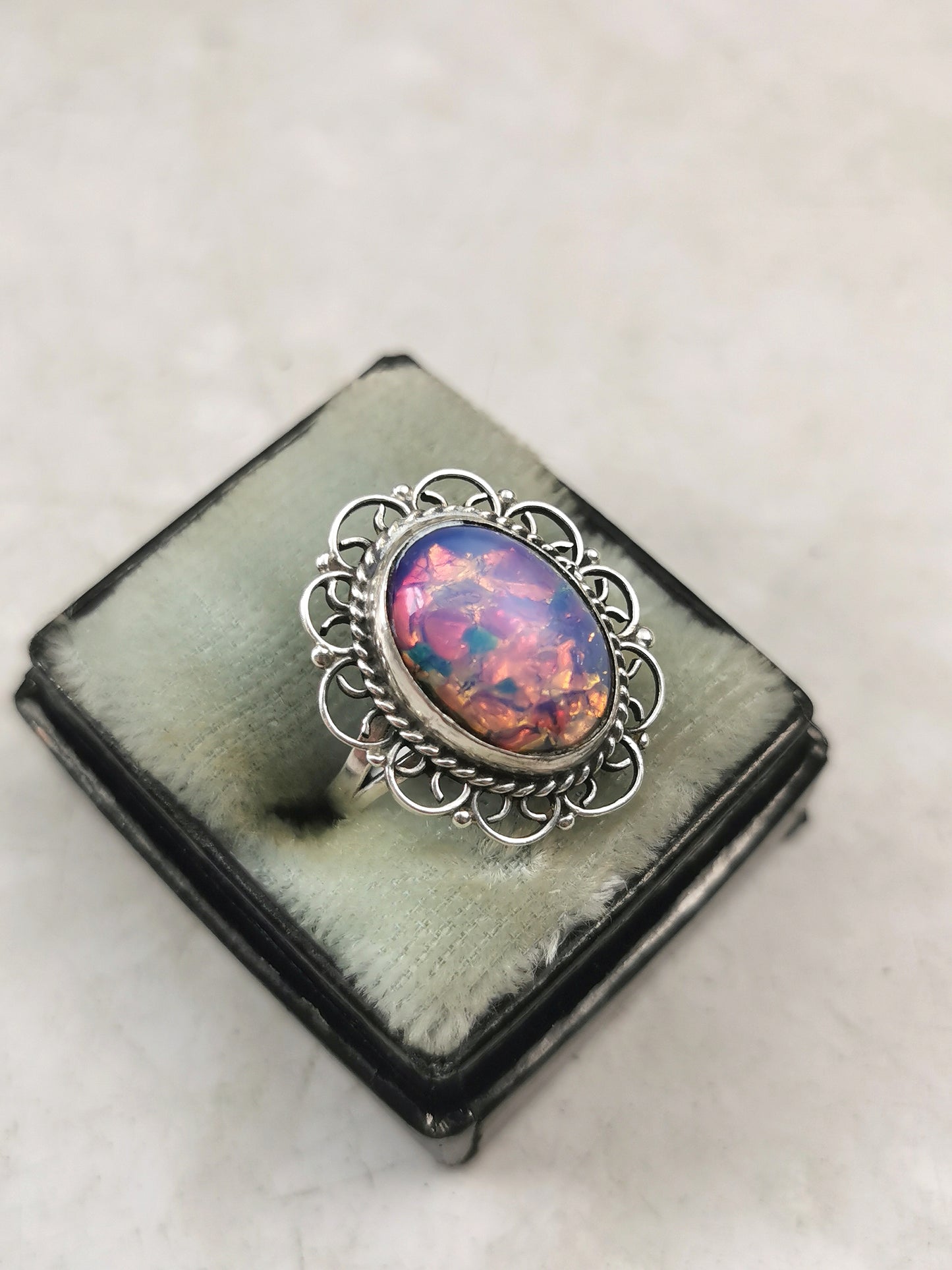 Vintage Mexican Sterling Silver Art Glass Opal Ring