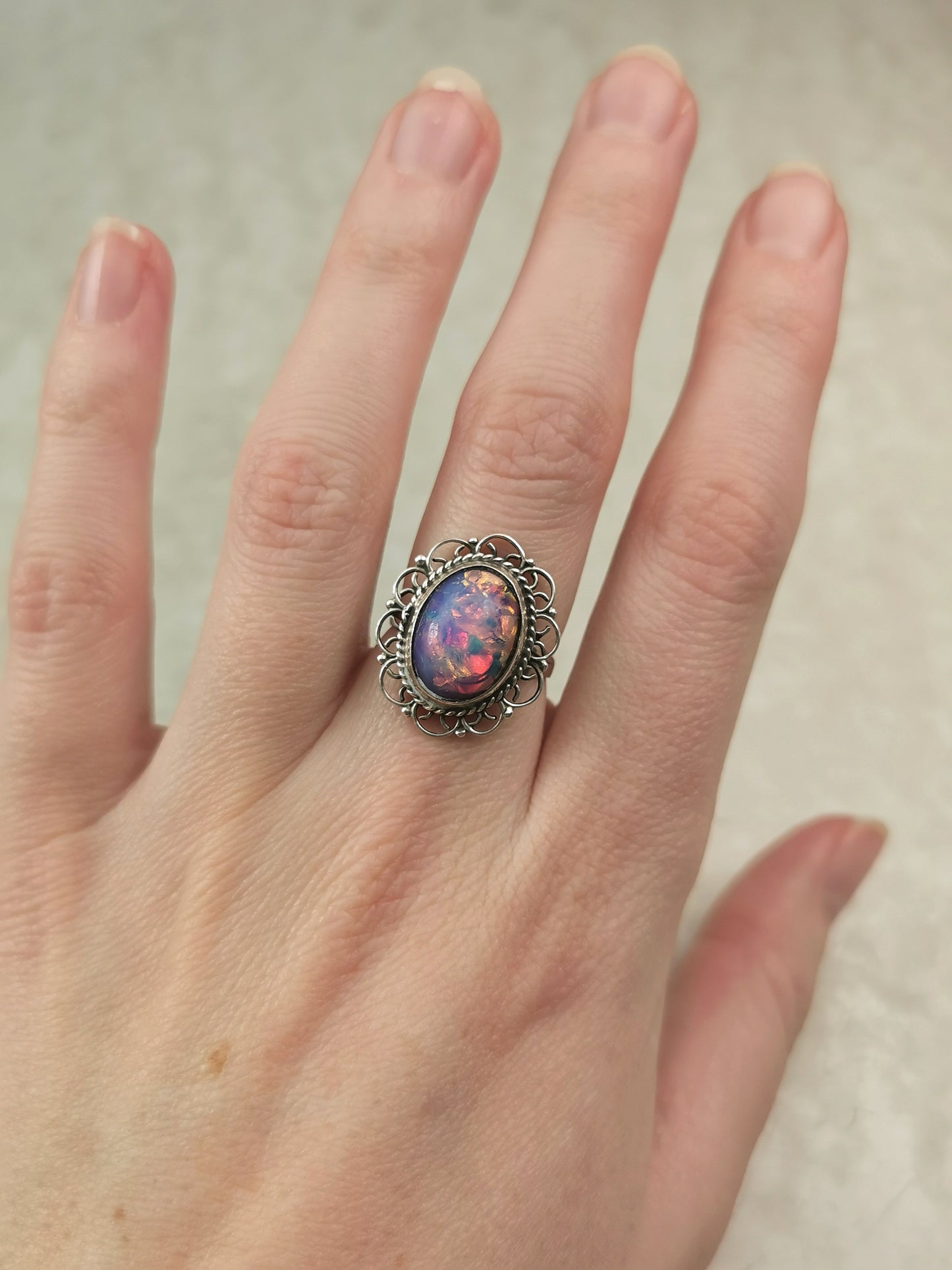 Vintage Mexican Sterling Silver Art Glass Opal Ring