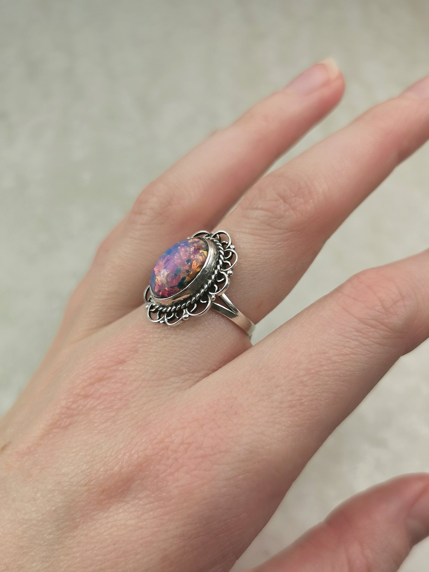 Vintage Mexican Sterling Silver Art Glass Opal Ring