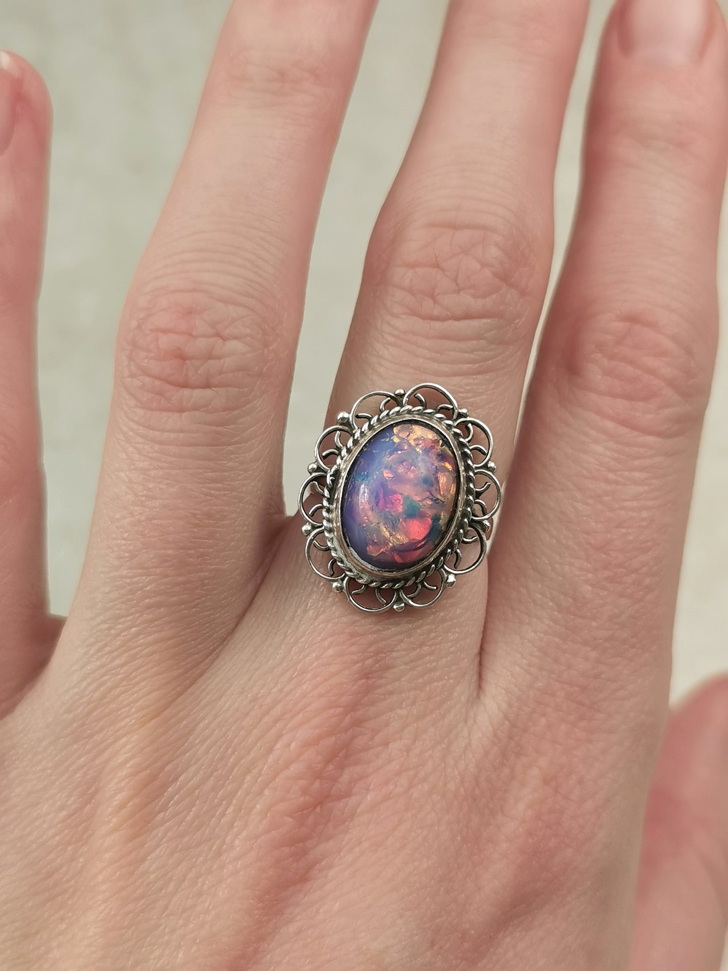 Vintage Mexican Sterling Silver Art Glass Opal Ring
