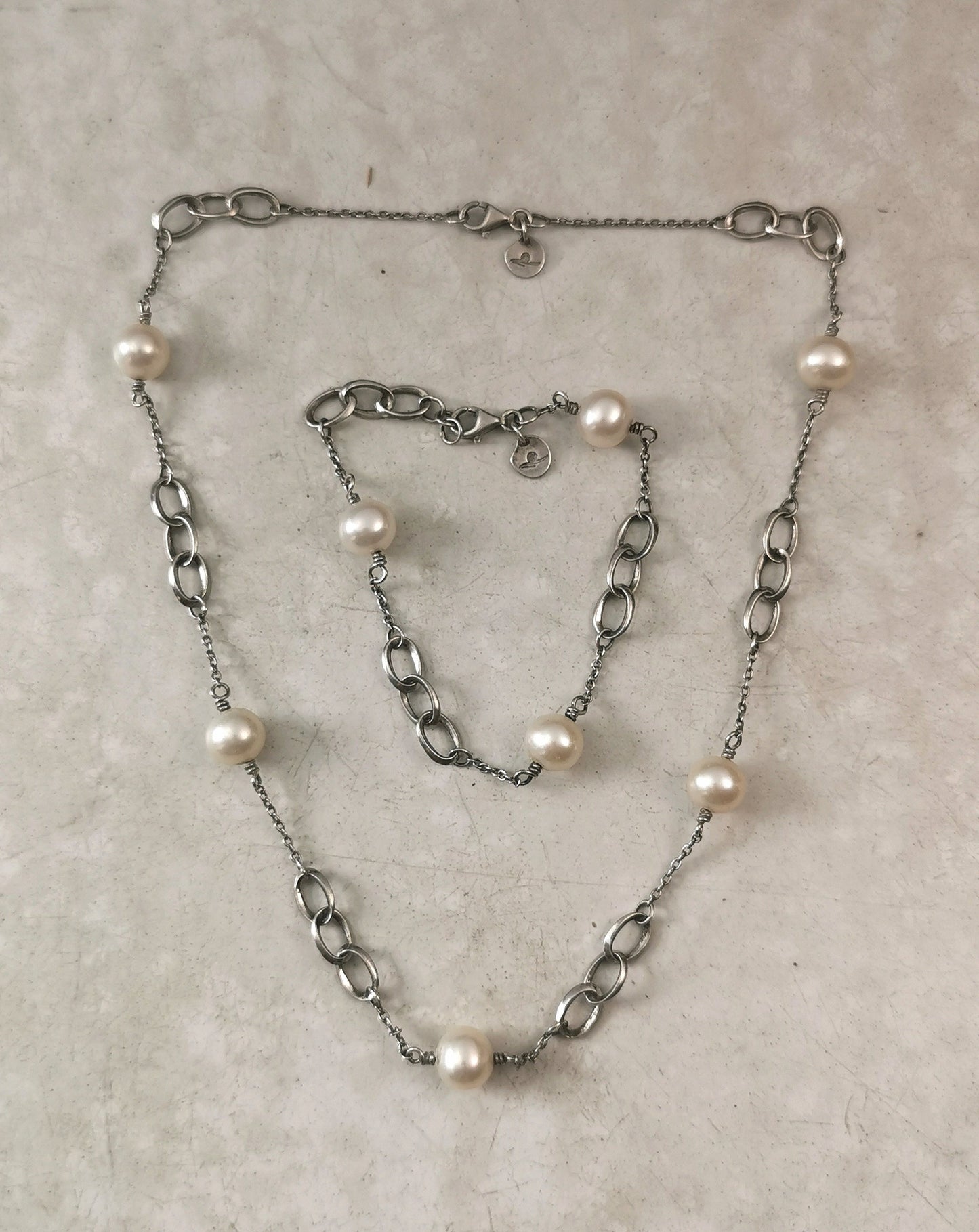 Estate Set of Sterling Silver and Cultured Pearl Station Chain Necklace and Bracelet