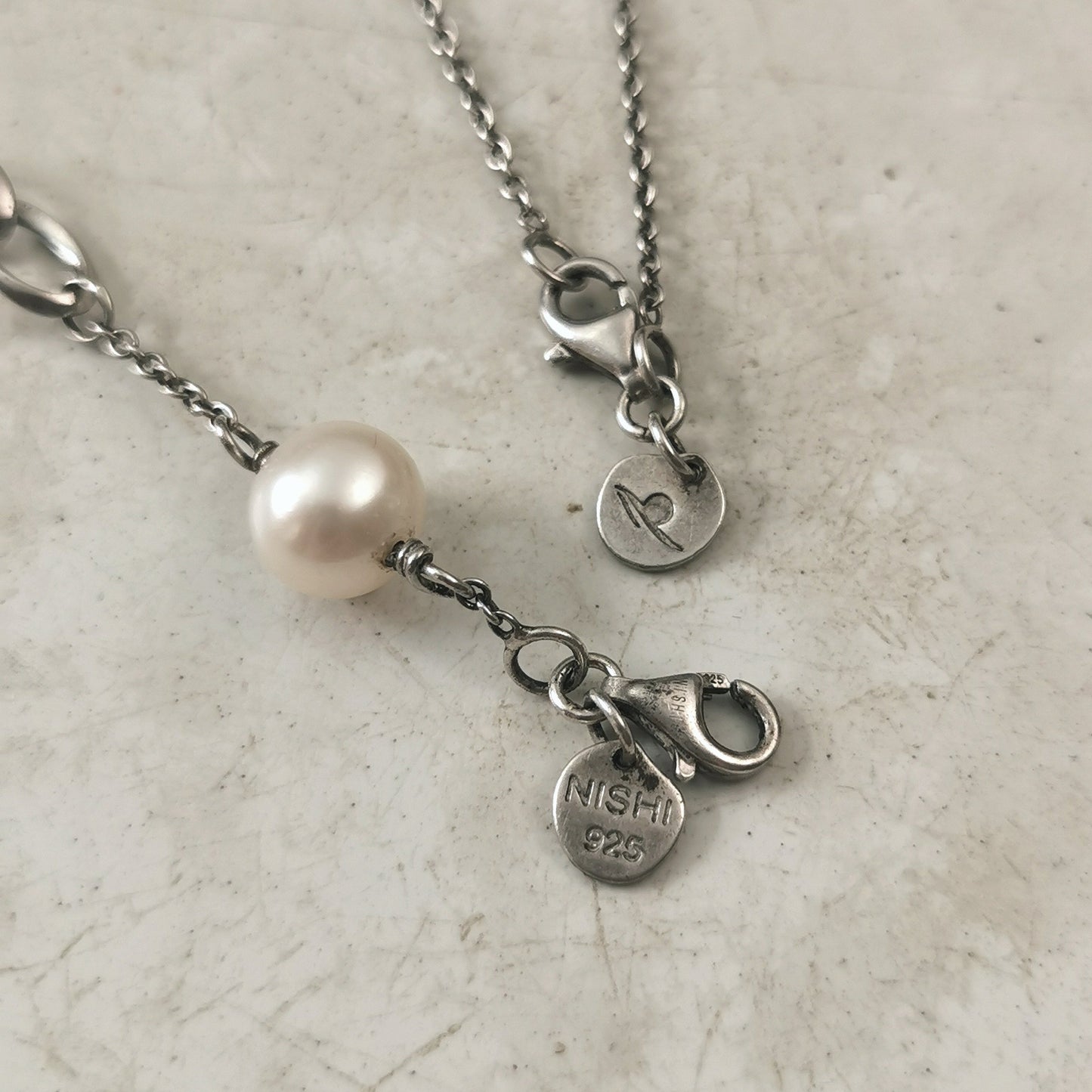 Estate Set of Sterling Silver and Cultured Pearl Station Chain Necklace and Bracelet