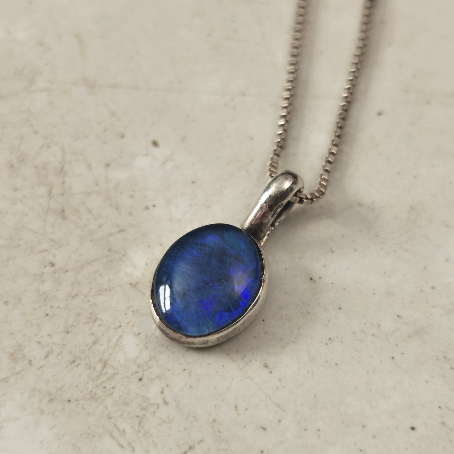Estate Sterling Silver & Black Opal Triplet Pendant Necklace