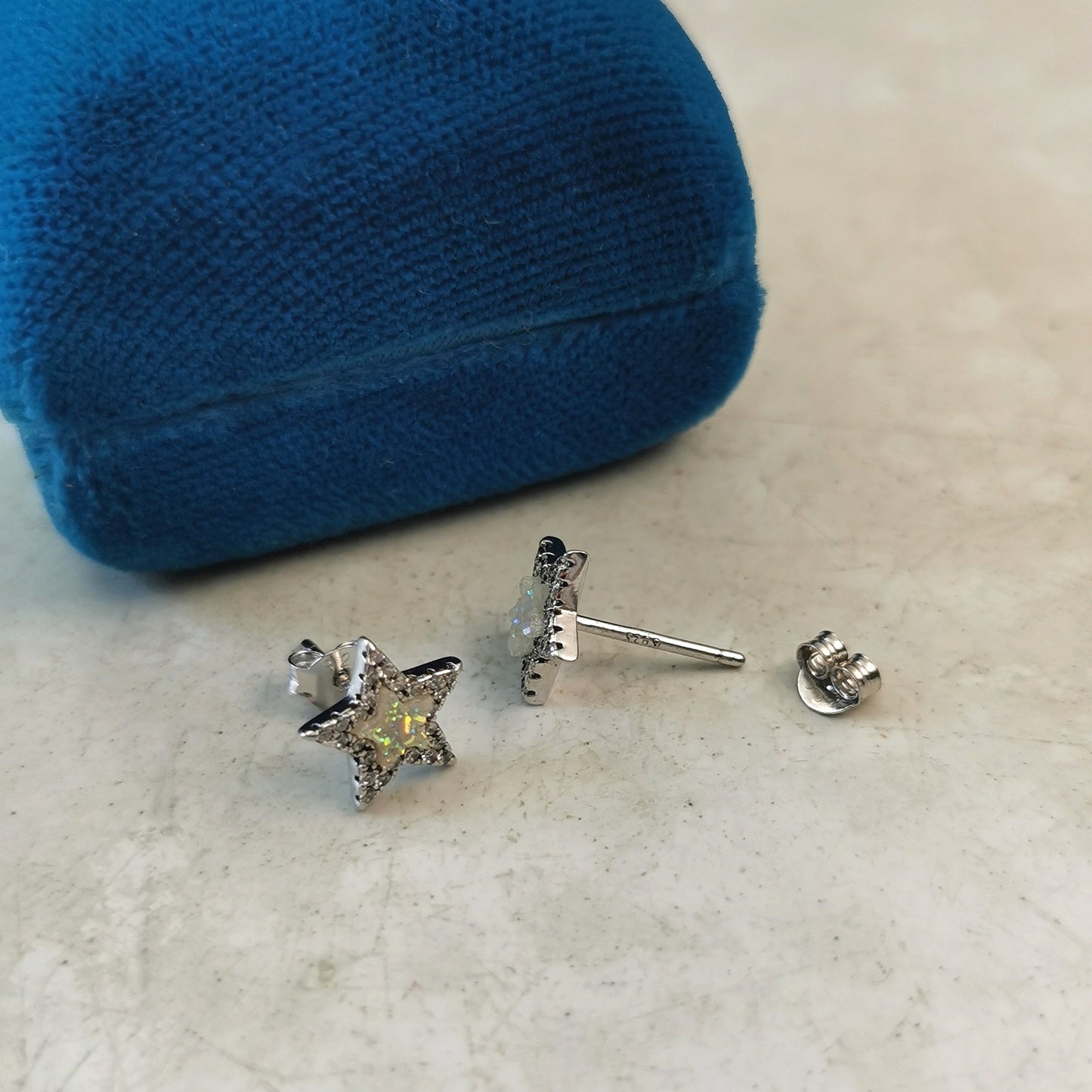 Estate Sterling Silver CZ & Faux Opal Star Stud Earrings