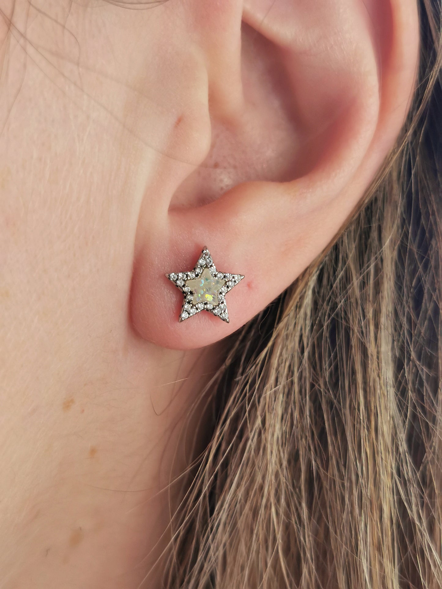Estate Sterling Silver CZ & Faux Opal Star Stud Earrings