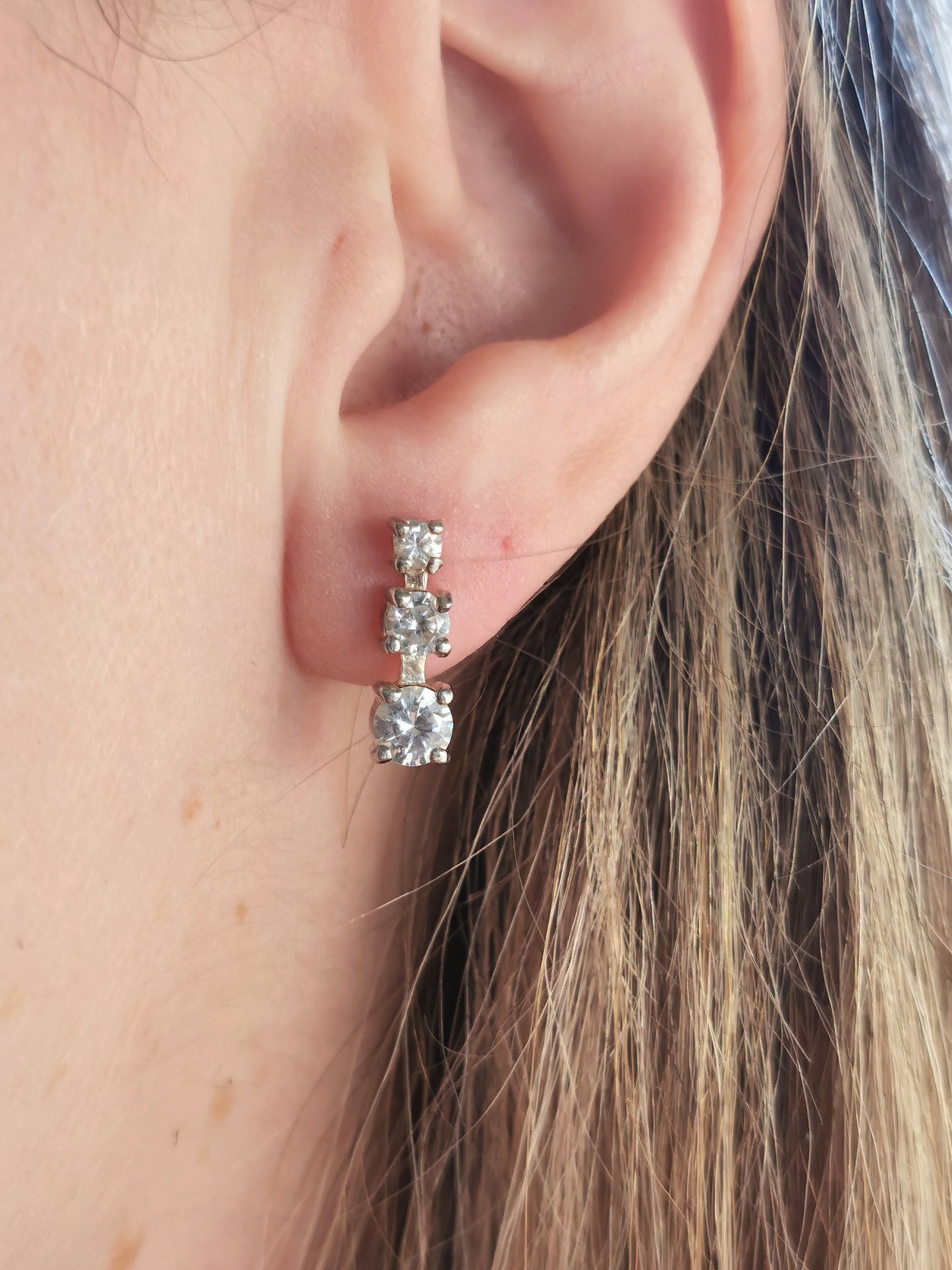 Estate Sterling Silver 3 CZ Drop Studs