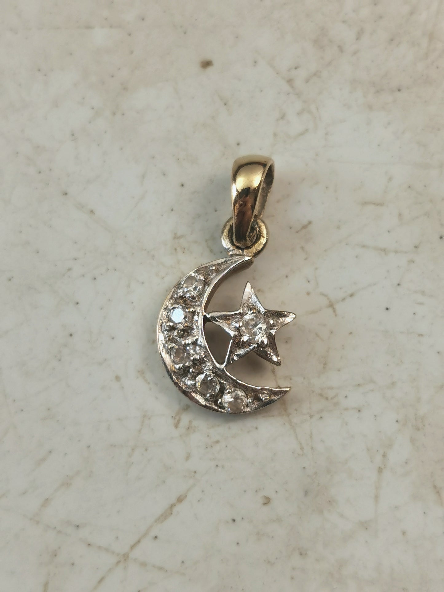 Estate 10k Yellow & White Gold Moon & Star Pendant