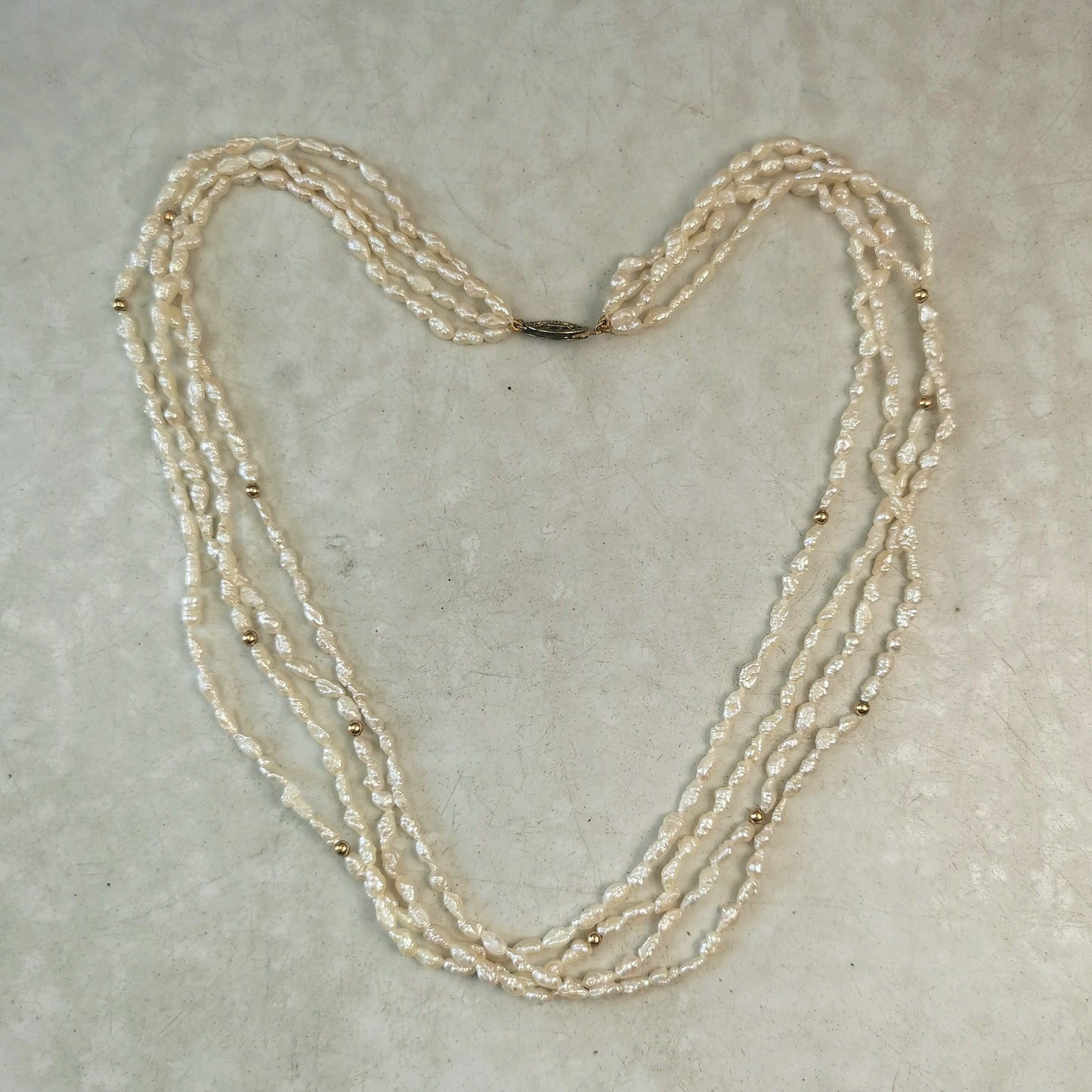 Vintage Sterling Silver Gold Vermeil 4 Strand Rice Pearl Necklace