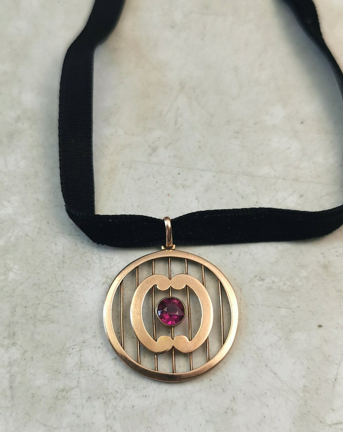 Edwardian 9ct Yellow Gold Pink Garnet Pendant on Black Velvet Choker