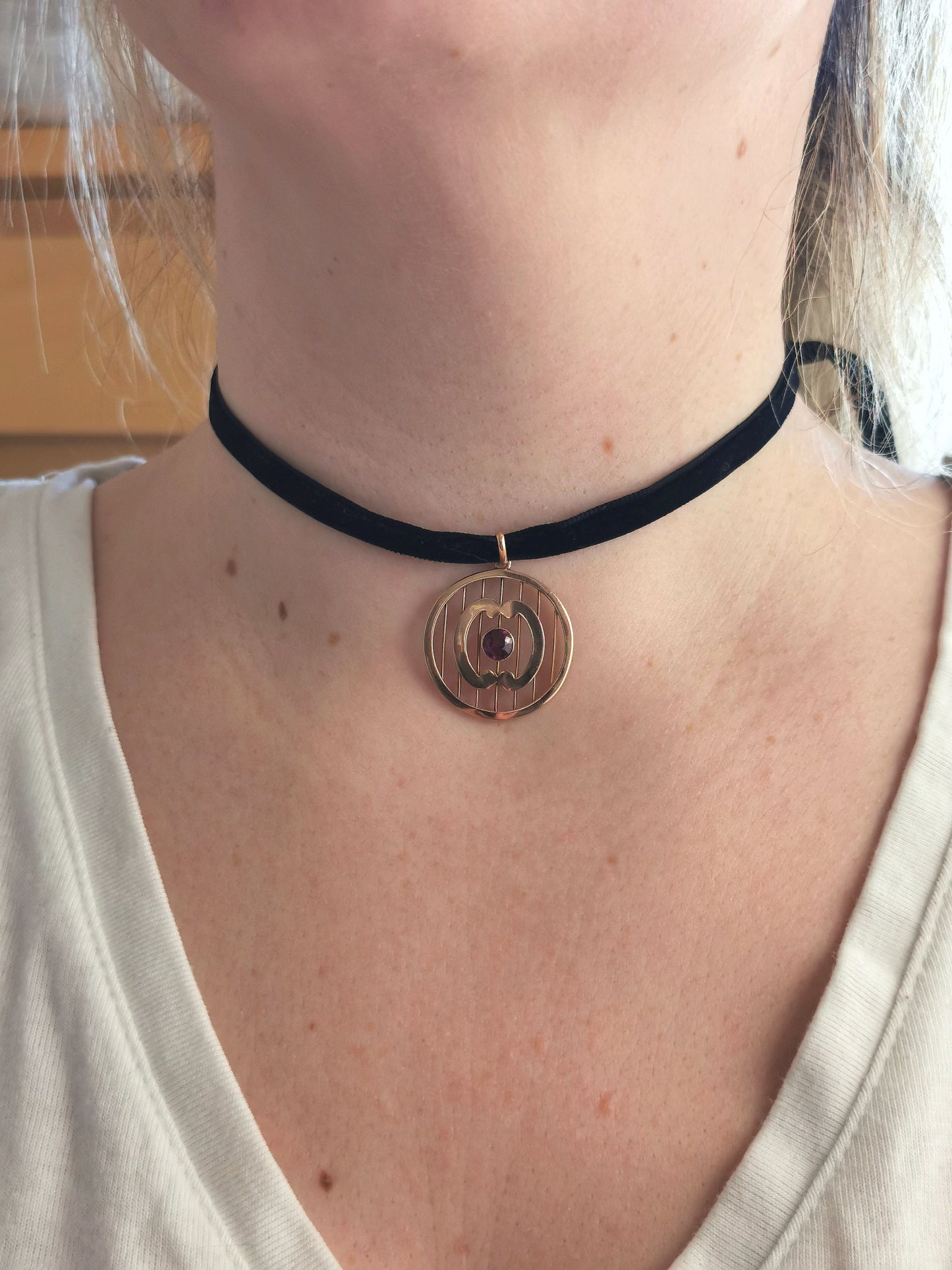 Edwardian 9ct Yellow Gold Pink Garnet Pendant on Black Velvet Choker