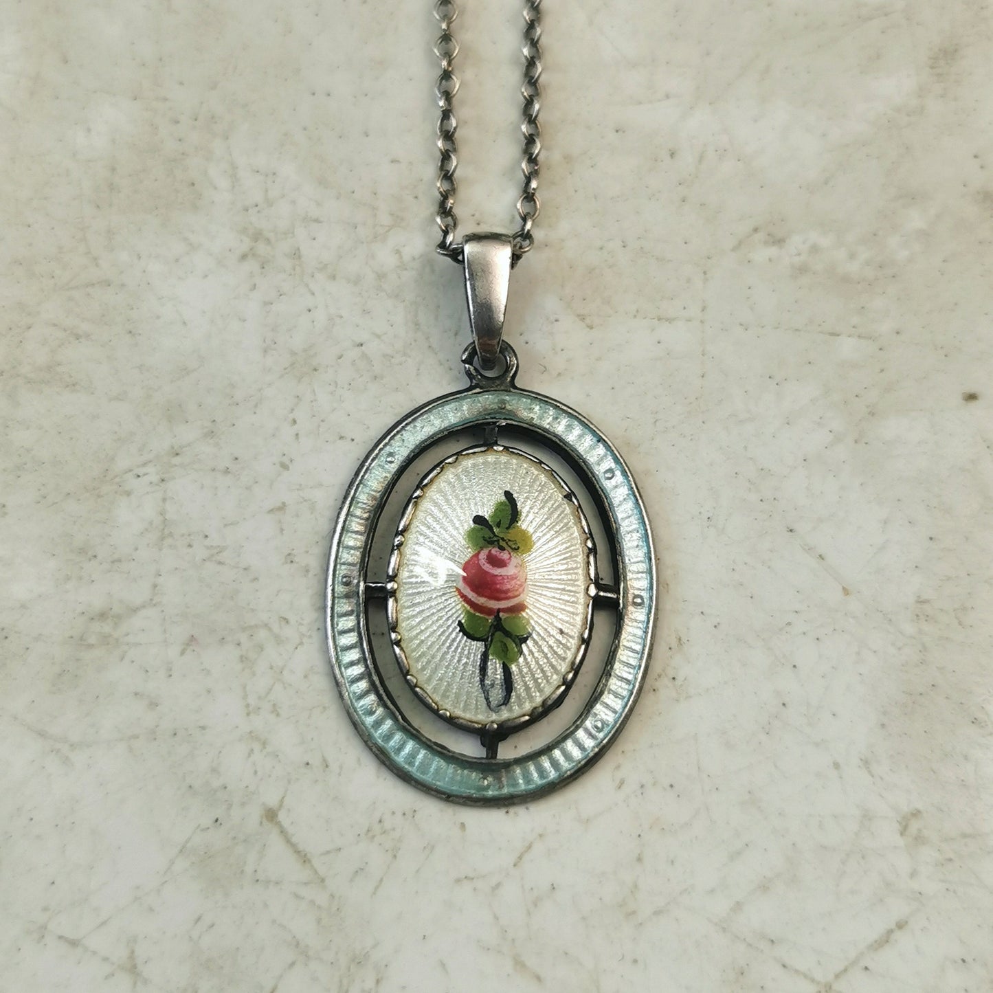 Vintage Sterling Silver Charles Horner Guilloché Enamel Rose Necklace