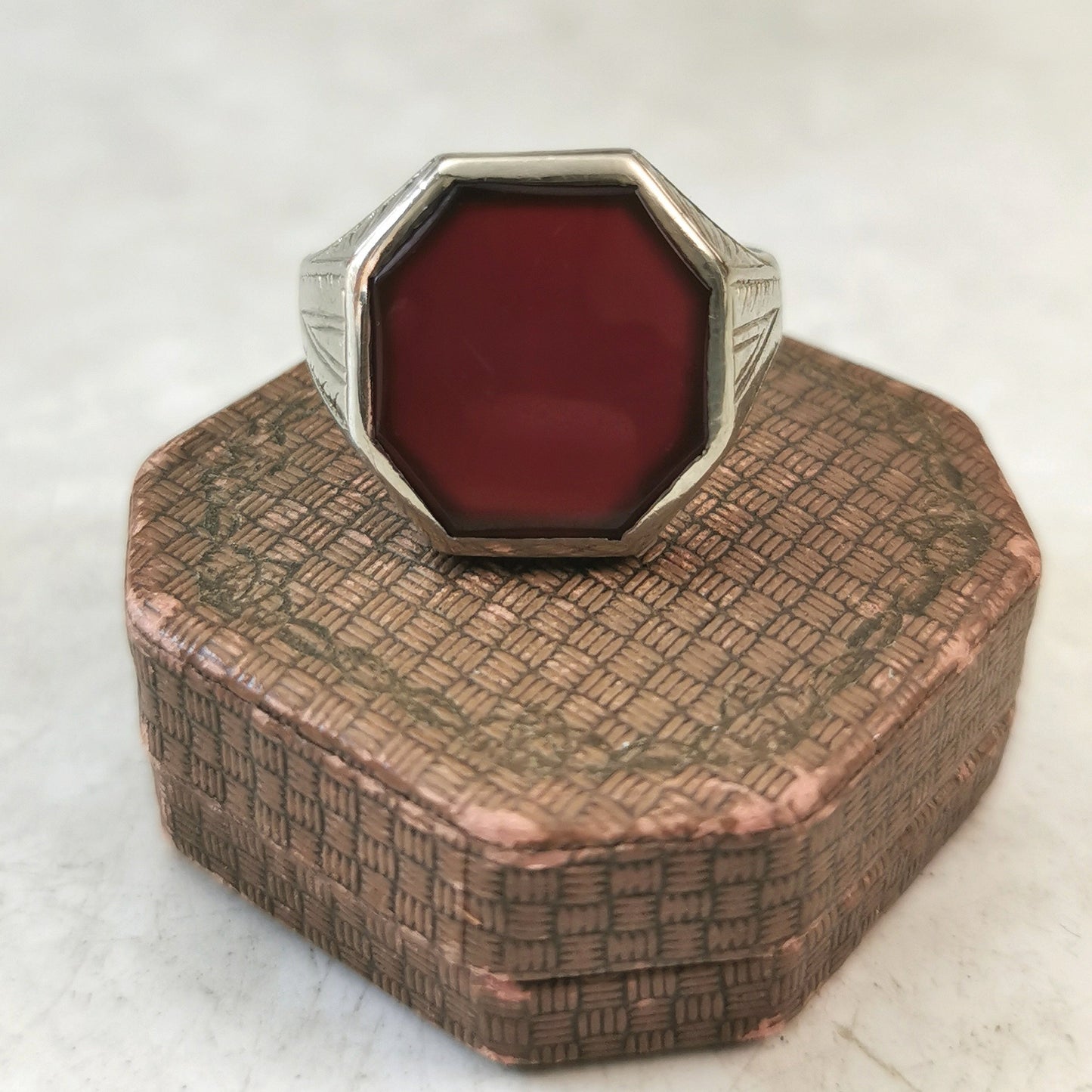 Art Deco Ostby Barton Gent's Signet Ring - 10k White Gold & Carnelian