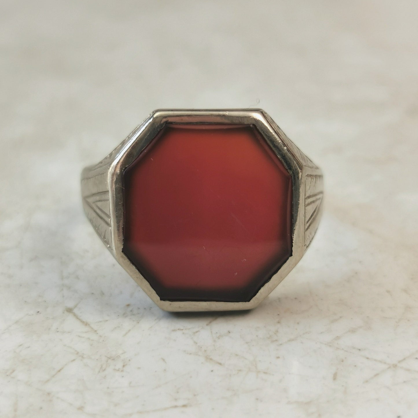 Art Deco Ostby Barton Gent's Signet Ring - 10k White Gold & Carnelian