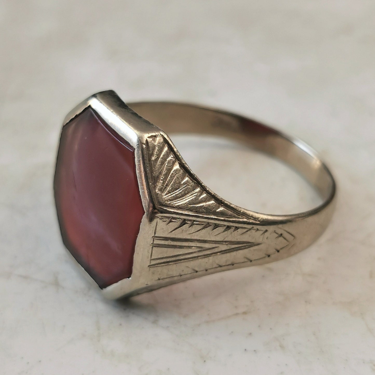 Art Deco Ostby Barton Gent's Signet Ring - 10k White Gold & Carnelian