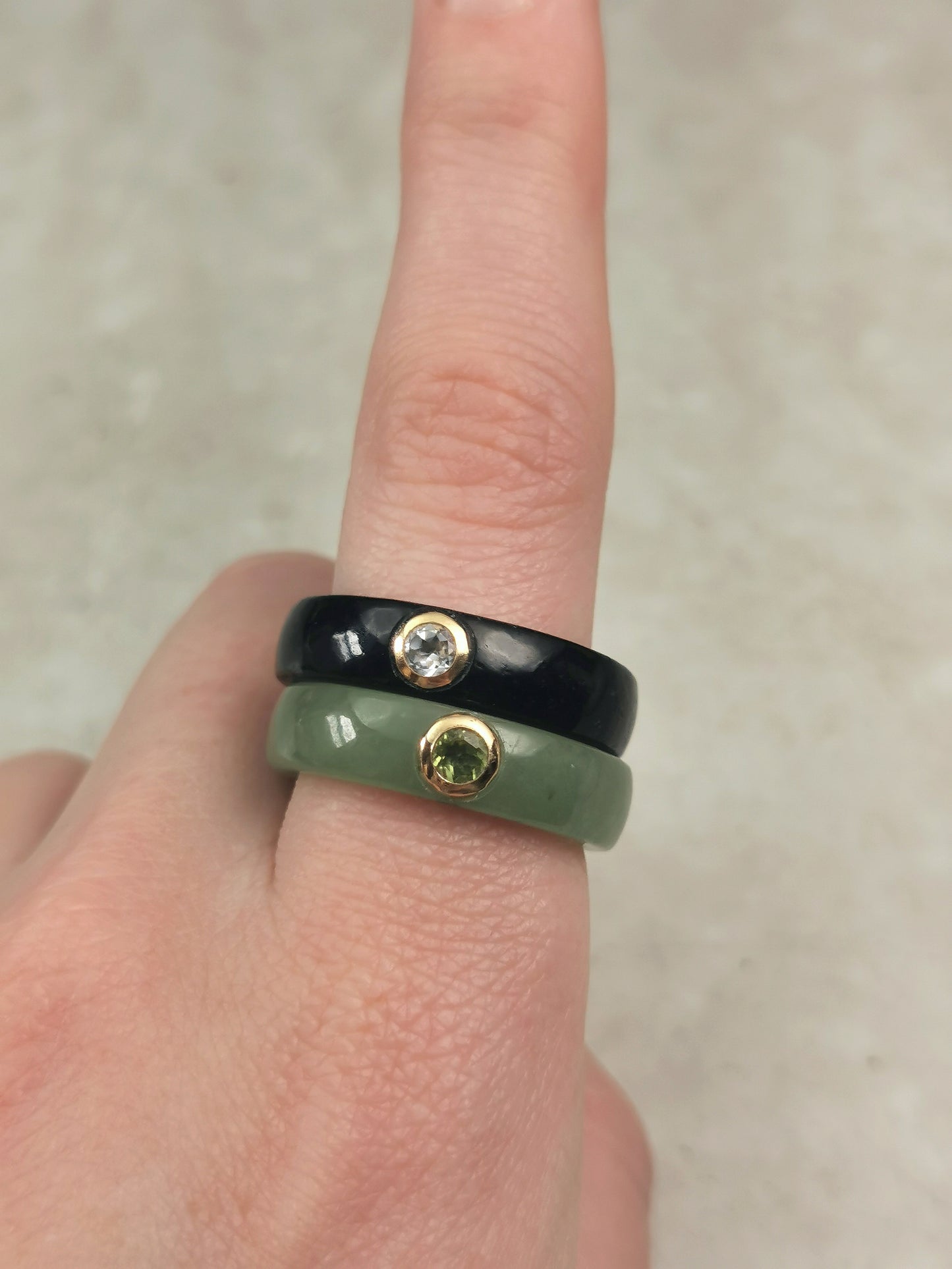 Pair of Estate 14k Yellow Gold Jadeite and Gemstone Stacking Bands