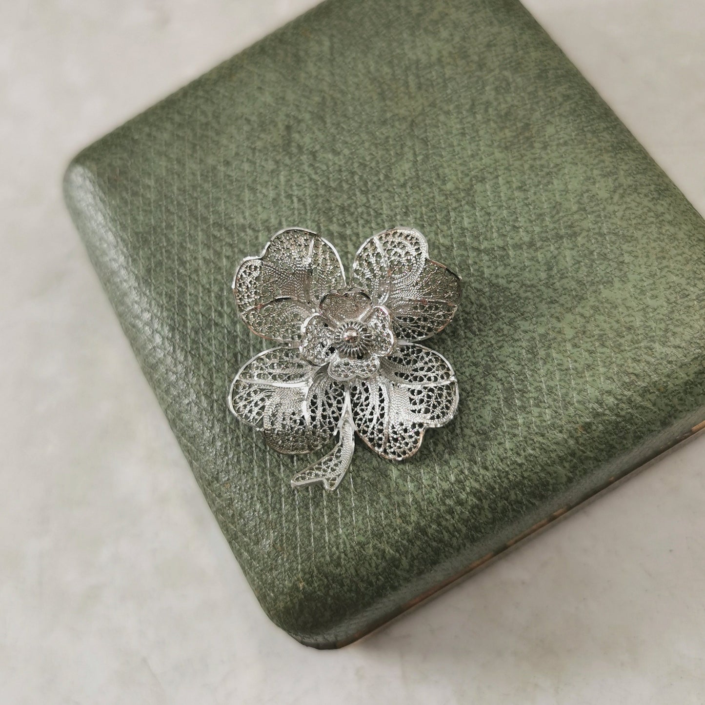 Vintage Sterling Silver Filigree Four Leaf Clover Brooch