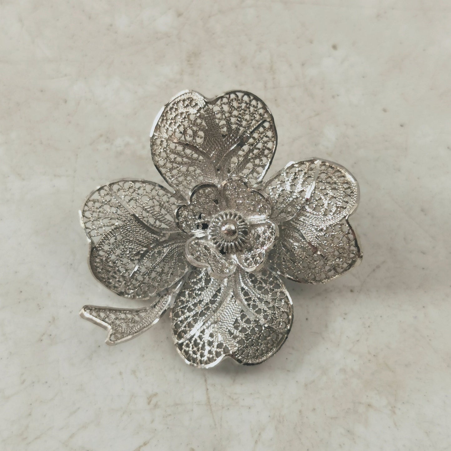 Vintage Sterling Silver Filigree Four Leaf Clover Brooch