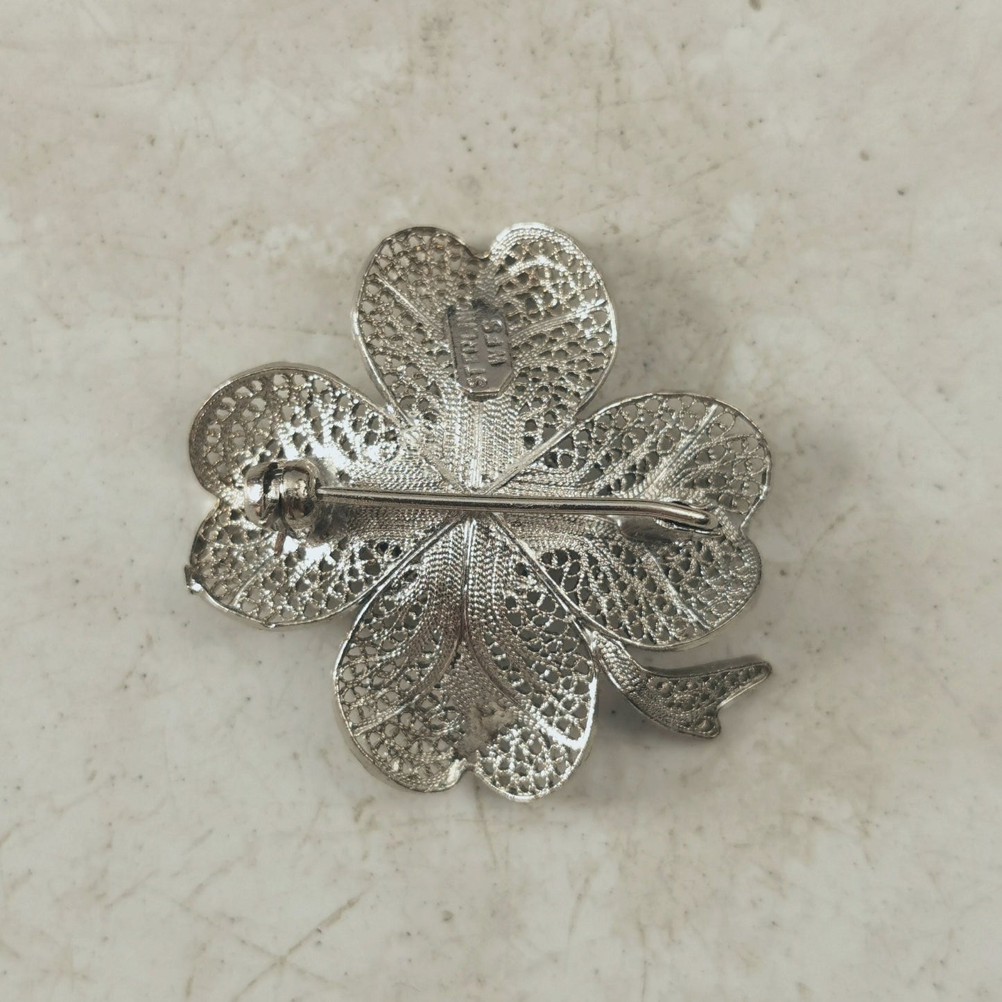Vintage Sterling Silver Filigree Four Leaf Clover Brooch