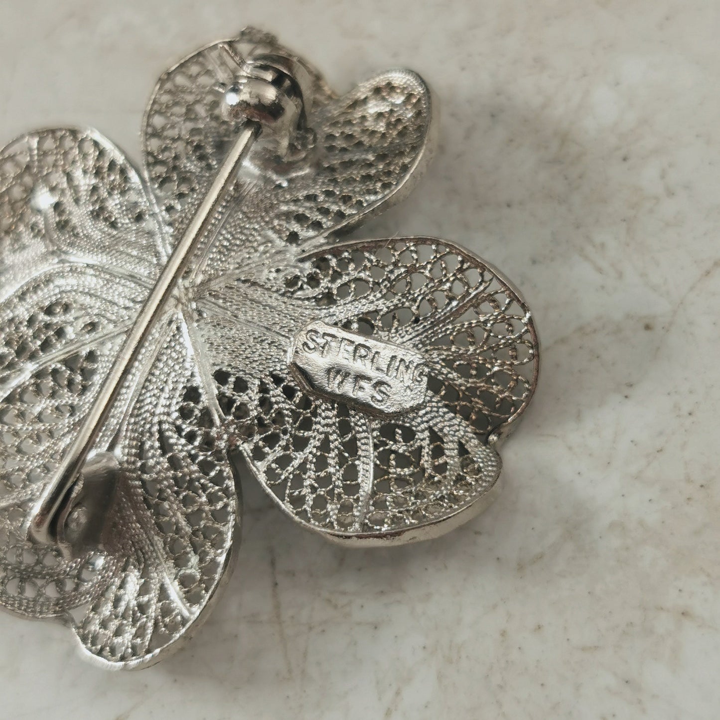 Vintage Sterling Silver Filigree Four Leaf Clover Brooch