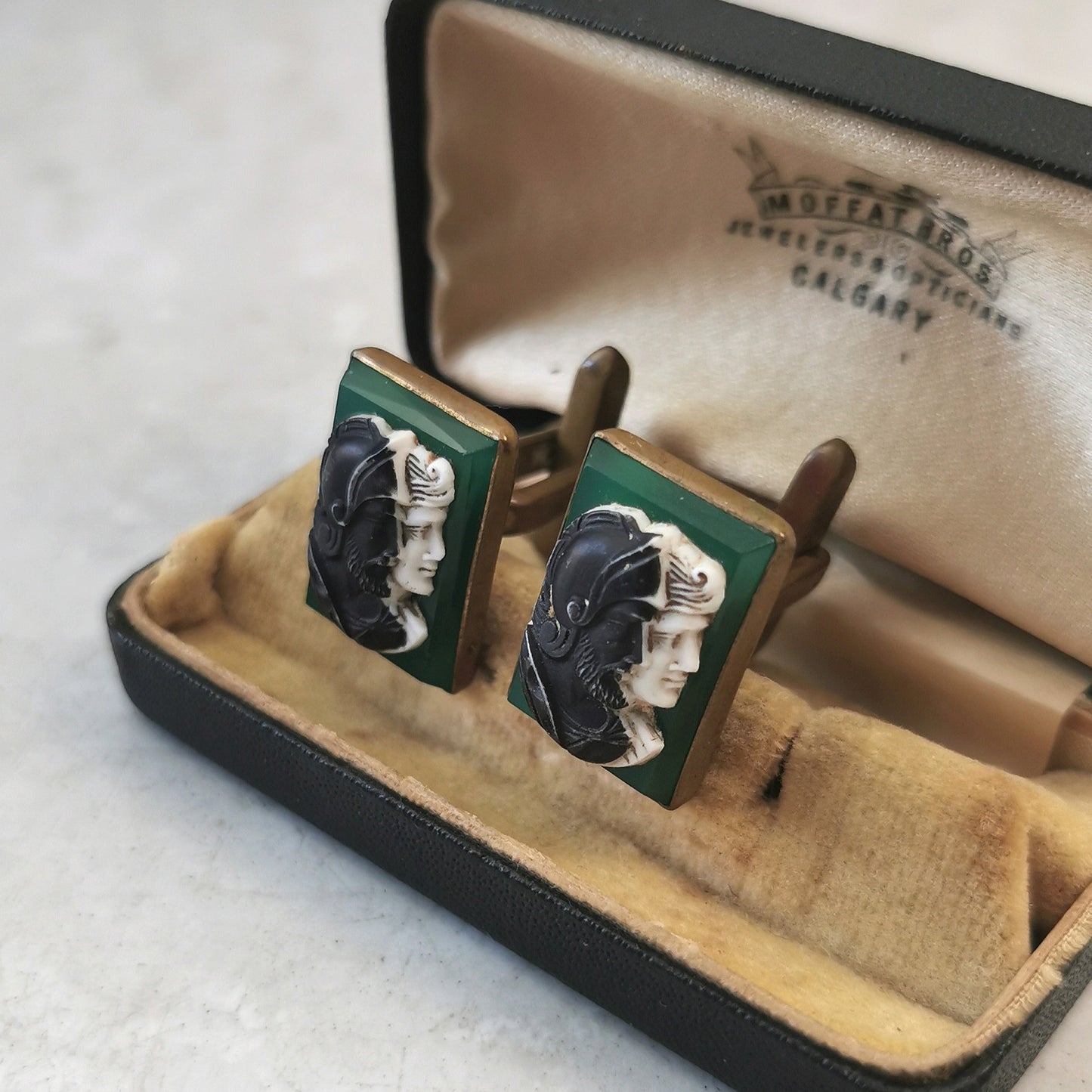 Vintage Brass & Glass Greek Warrior Cameo Cufflinks