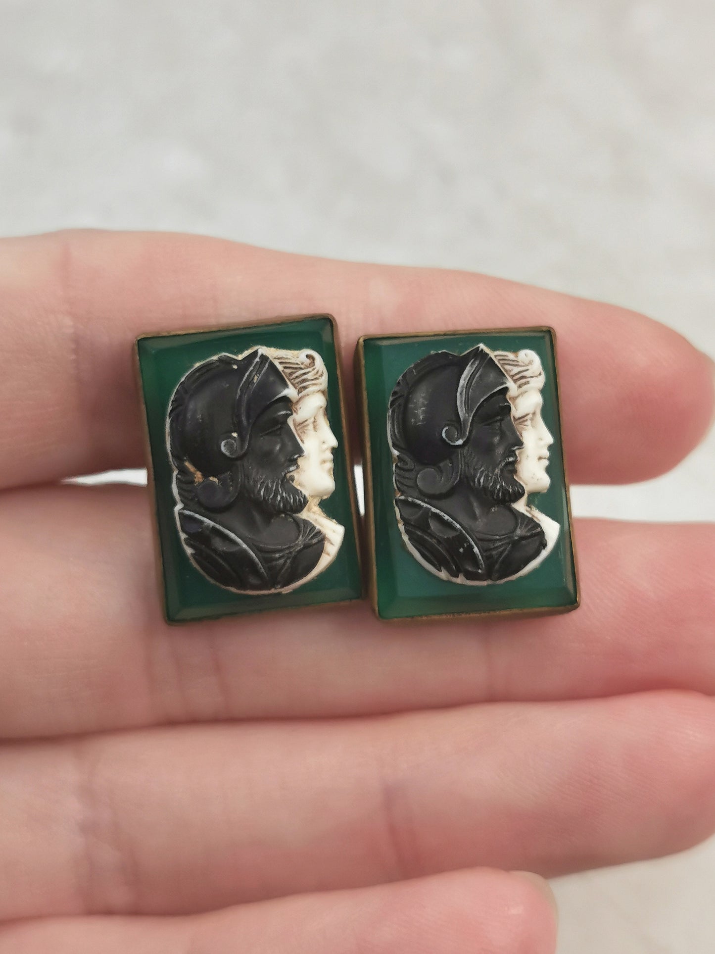 Vintage Brass & Glass Greek Warrior Cameo Cufflinks