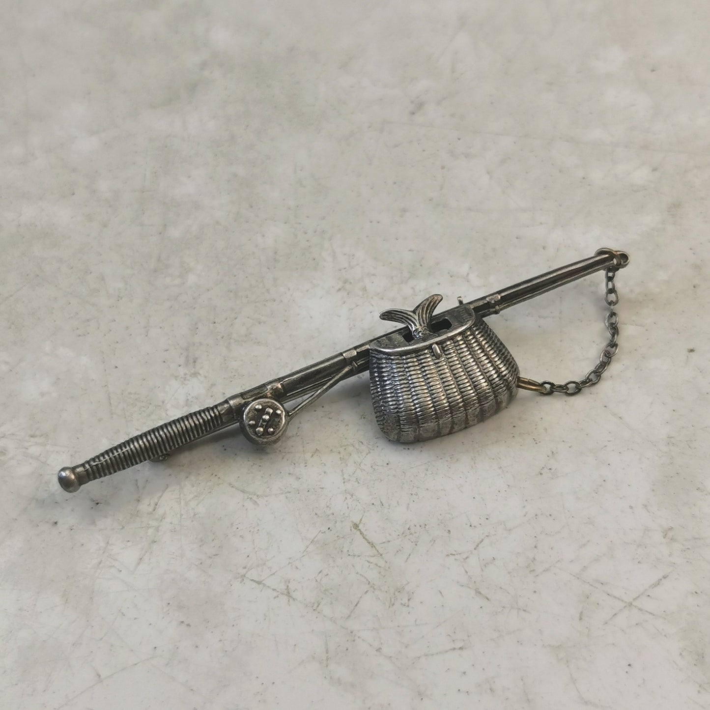 Vintage Sterling Silver Fishing Rod with Fish Brooch