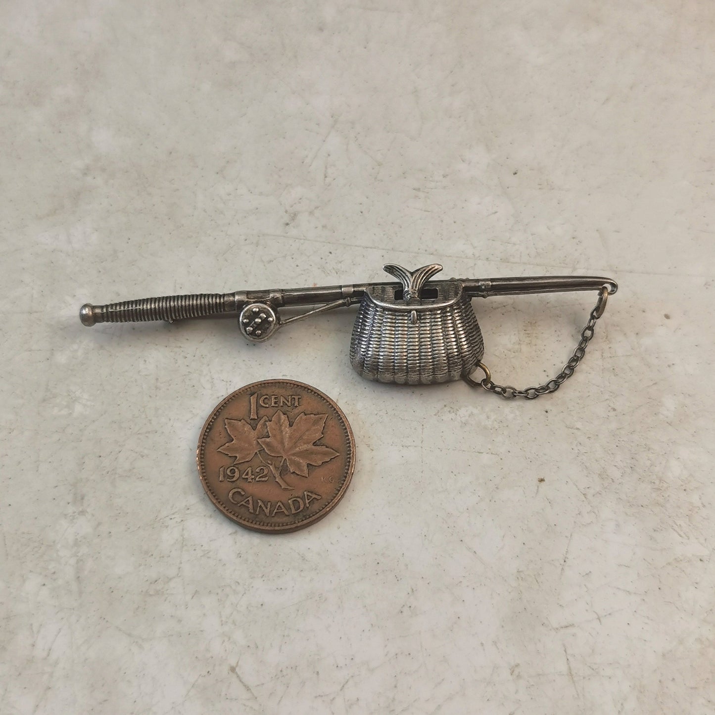 Vintage Sterling Silver Fishing Rod with Fish Brooch