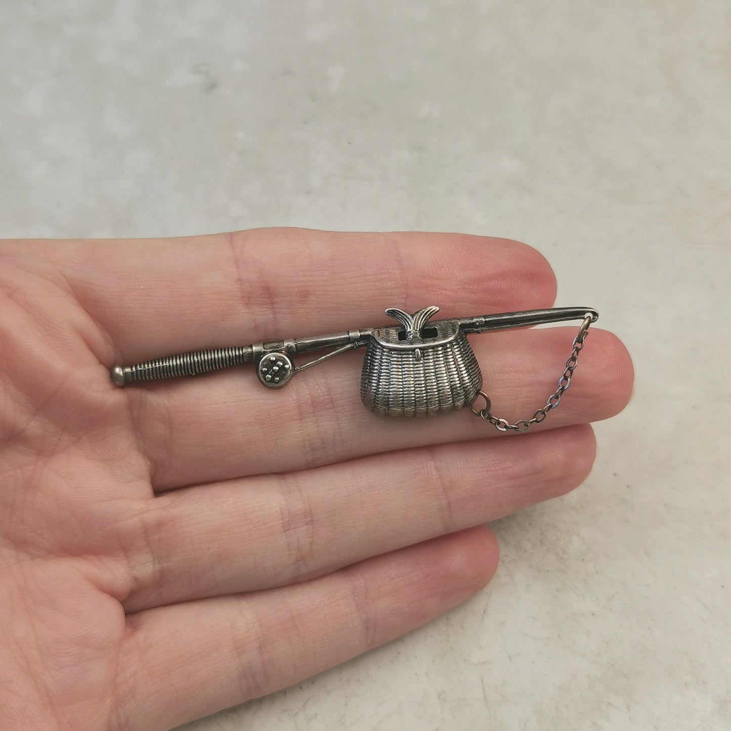 Vintage Sterling Silver Fishing Rod with Fish Brooch