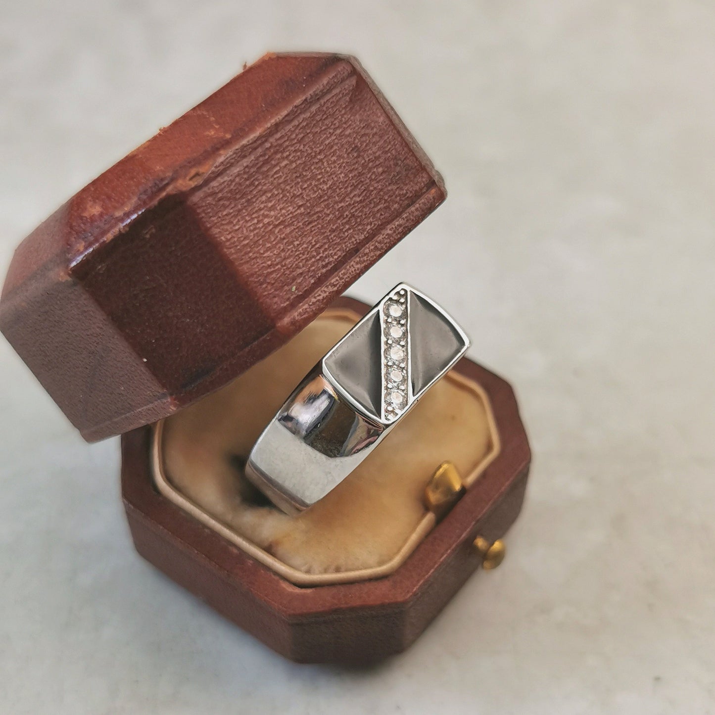 New Sterling Silver CZ & Black Enamel Signet Ring