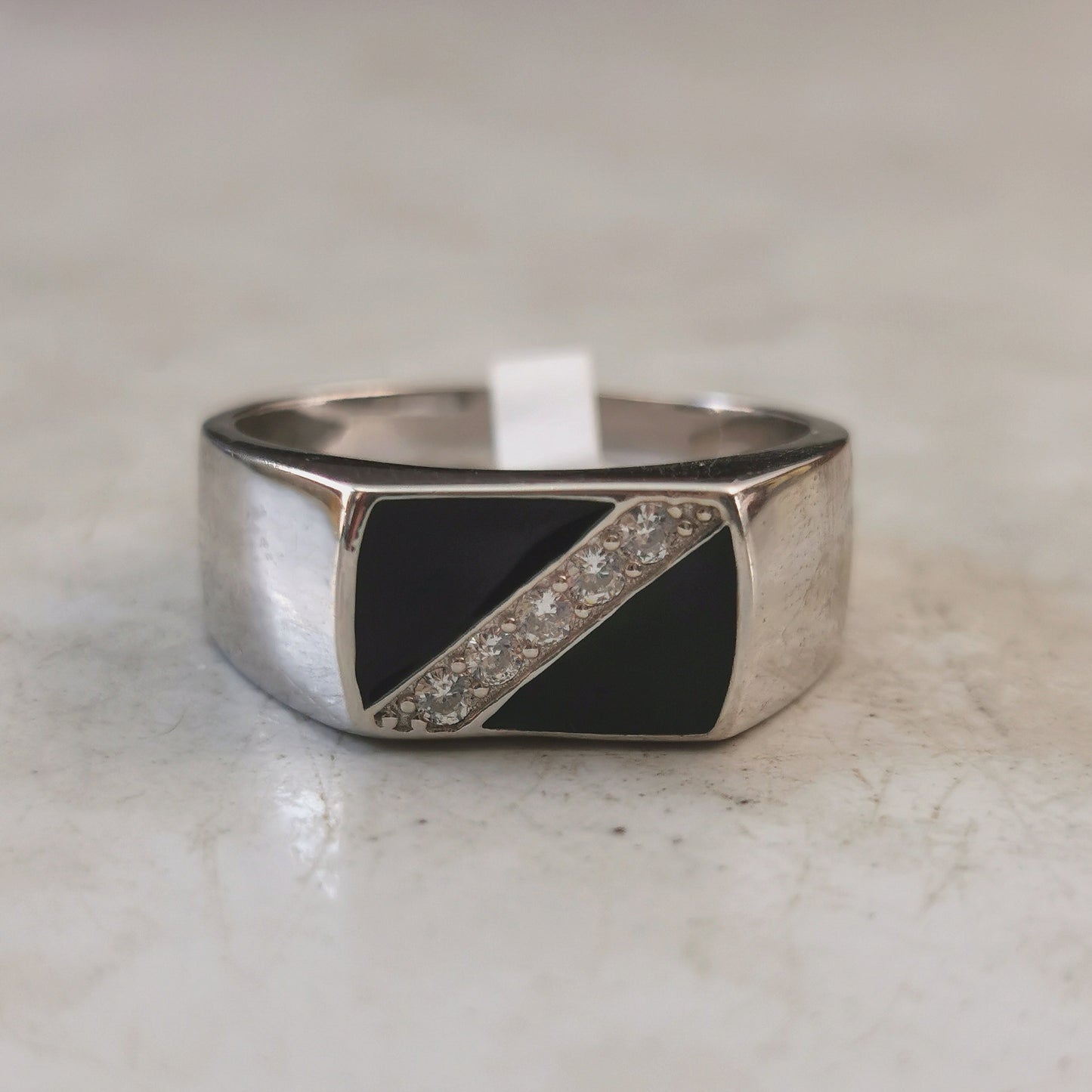 New Sterling Silver CZ & Black Enamel Signet Ring