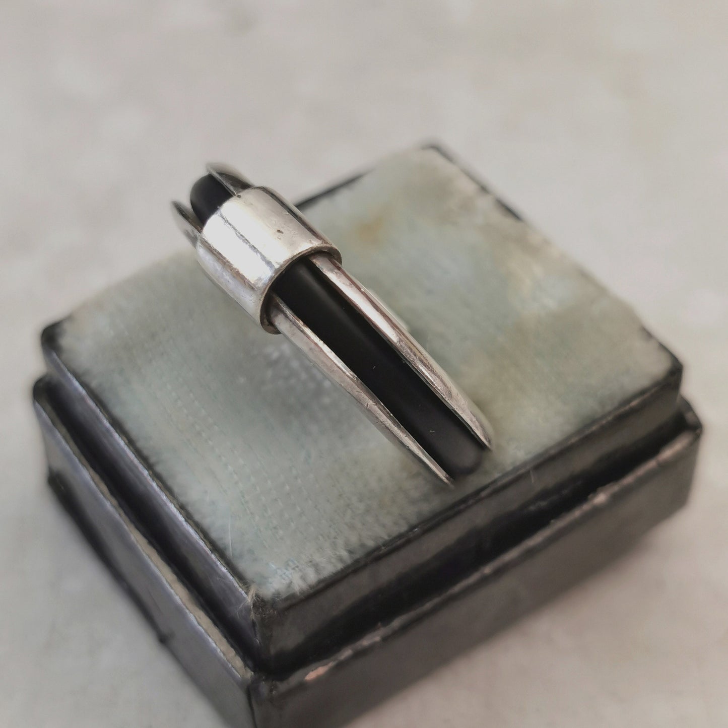 Estate Sterling Silver & Black Rubber Band