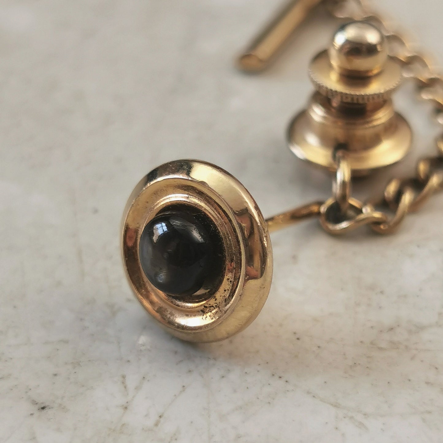 Vintage Gold Tone Cats Eye Black Sapphire Tie Tack