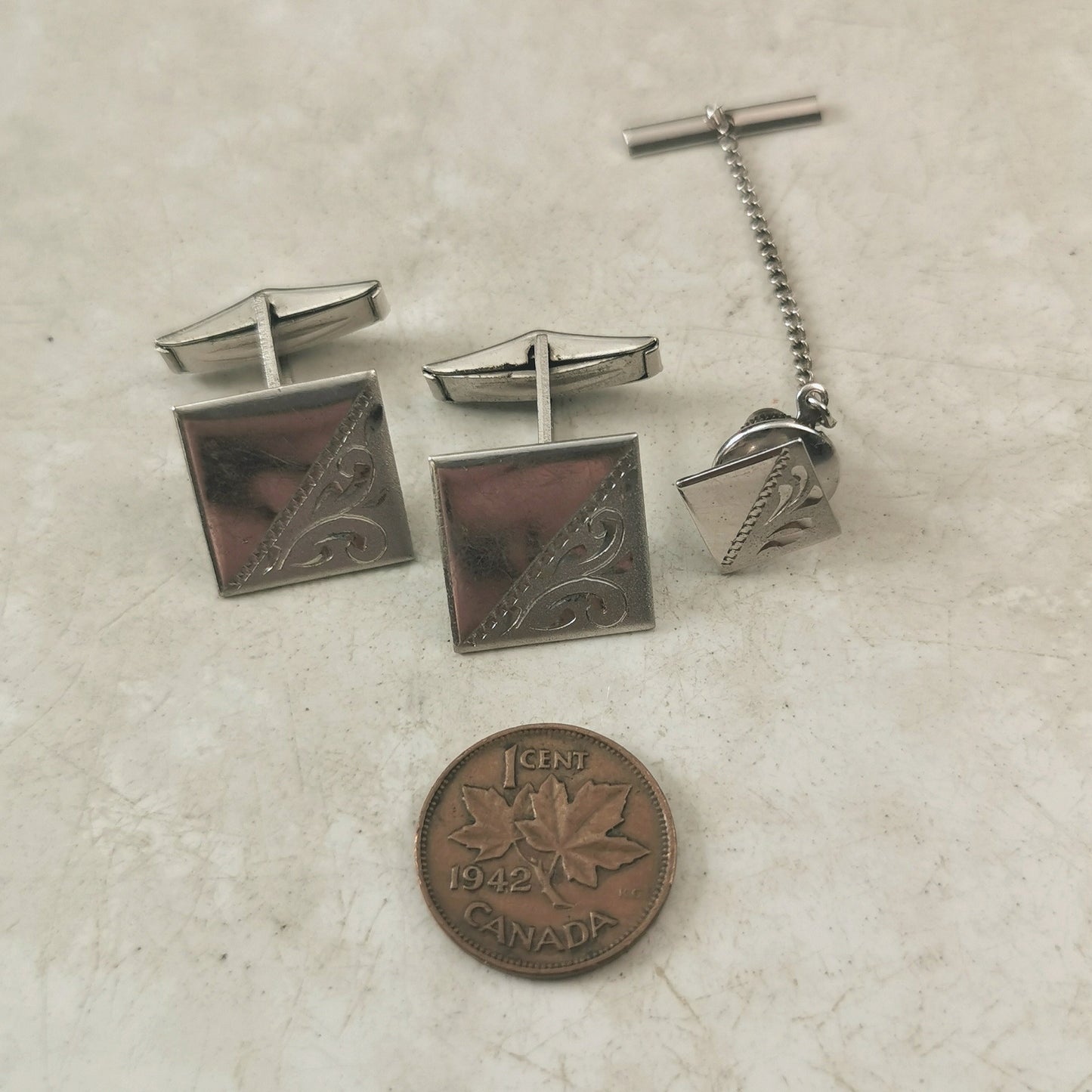 Vintage Sterling Silver Tie Tack and Cufflinks Set