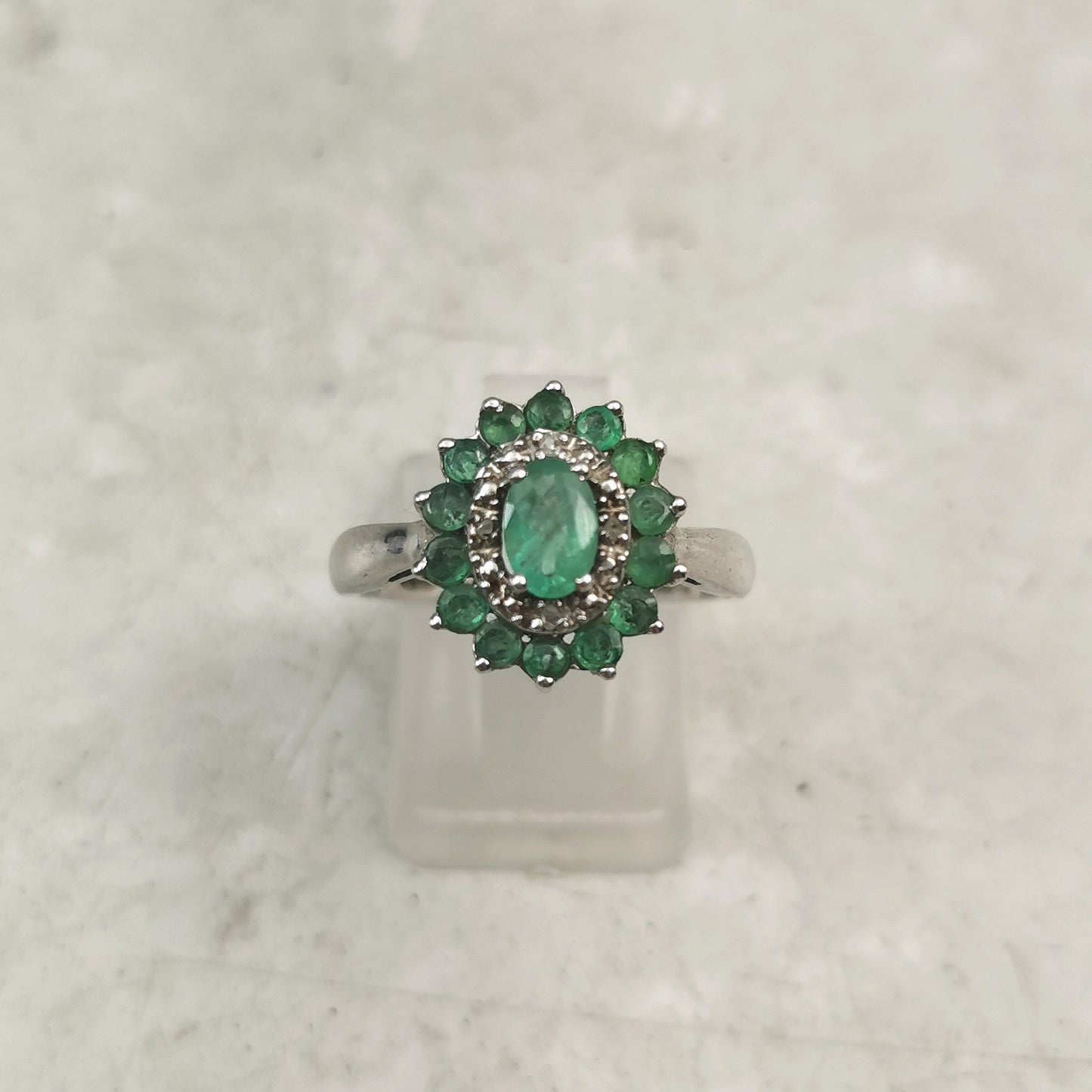 Estate Sterling Silver Emerald & Diamond Cluster Ring