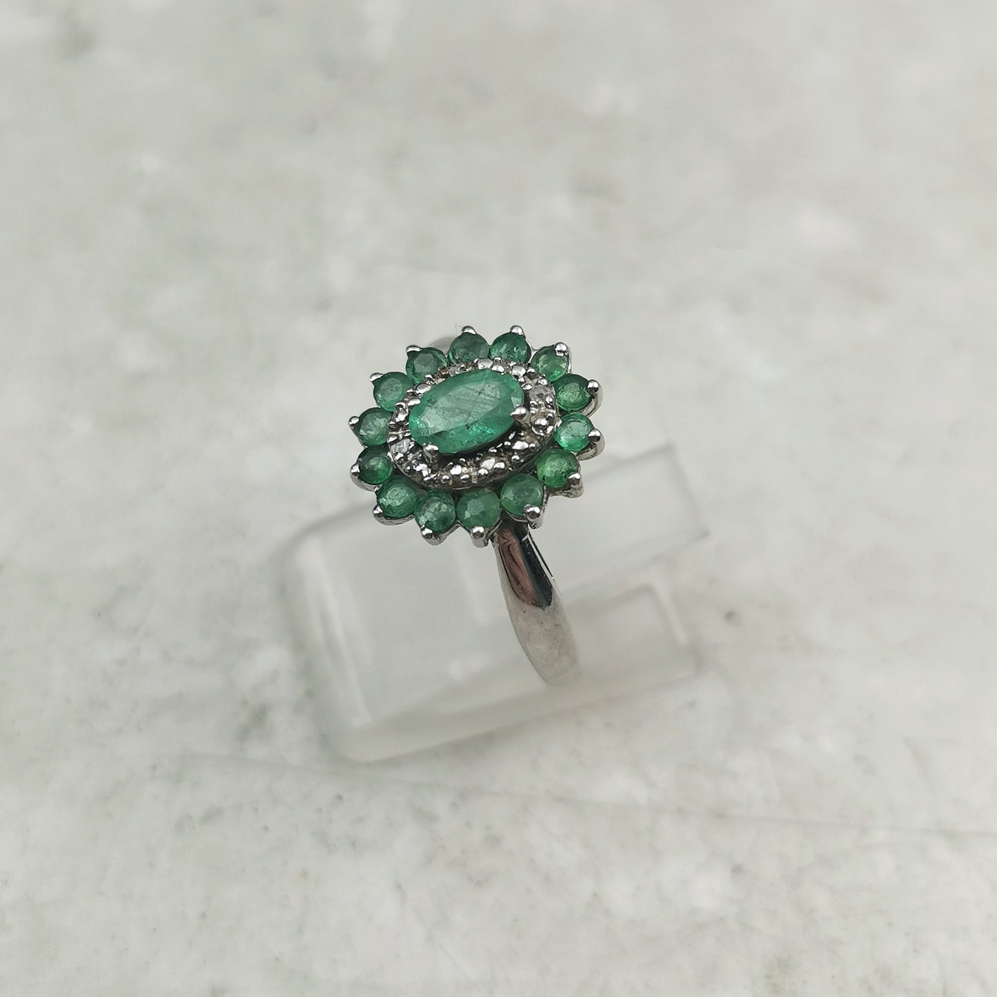 Estate Sterling Silver Emerald & Diamond Cluster Ring