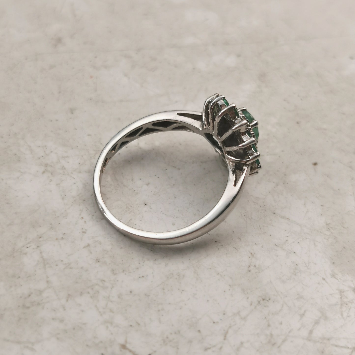 Estate Sterling Silver Emerald & Diamond Cluster Ring
