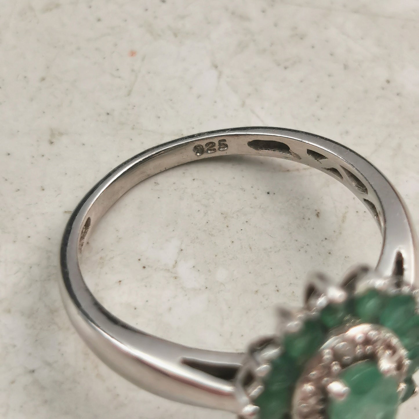 Estate Sterling Silver Emerald & Diamond Cluster Ring