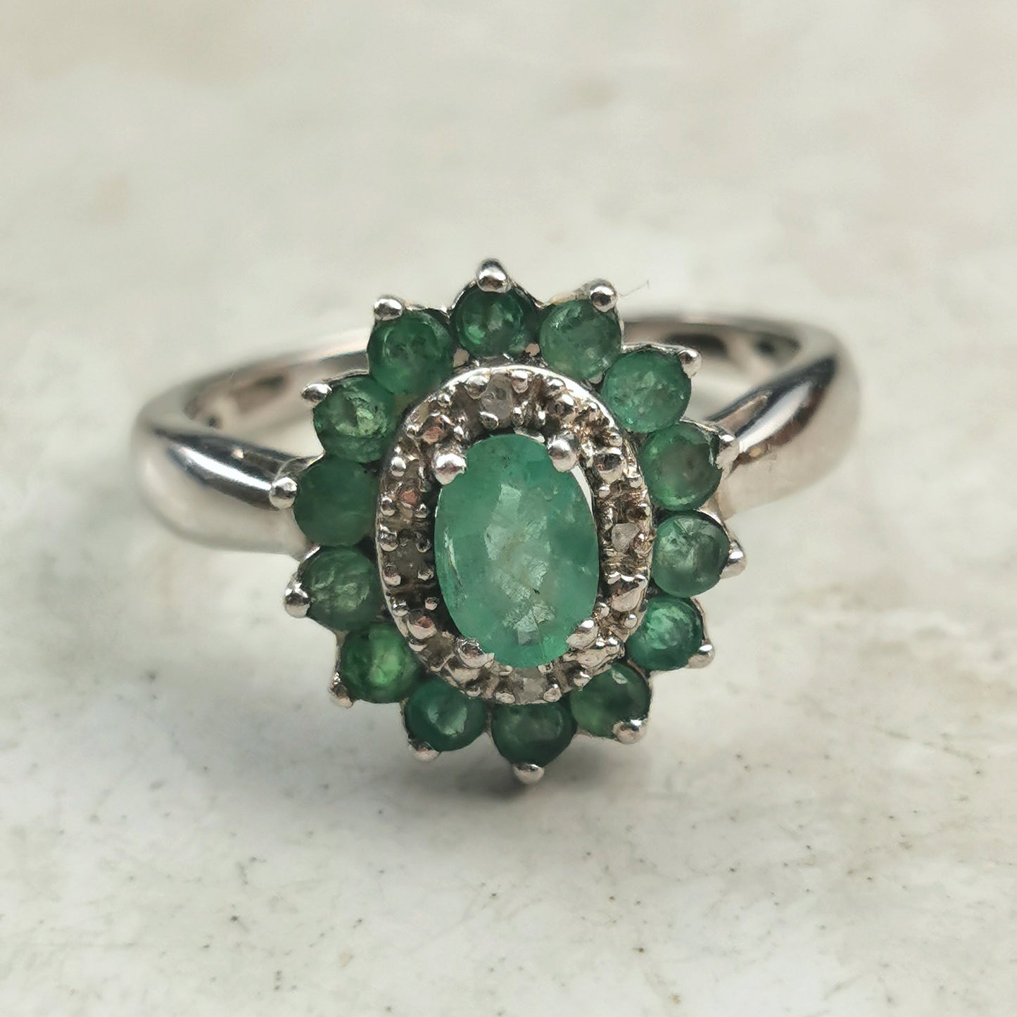 Estate Sterling Silver Emerald & Diamond Cluster Ring