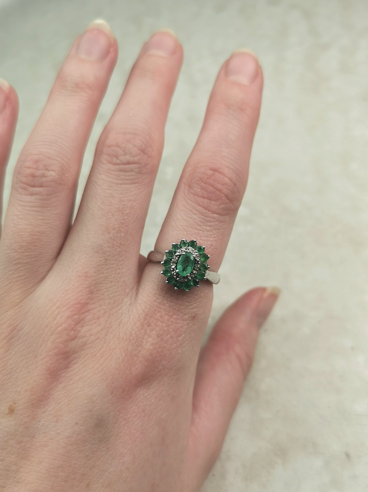 Estate Sterling Silver Emerald & Diamond Cluster Ring