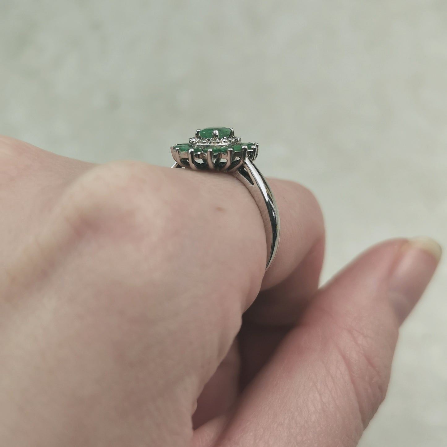 Estate Sterling Silver Emerald & Diamond Cluster Ring