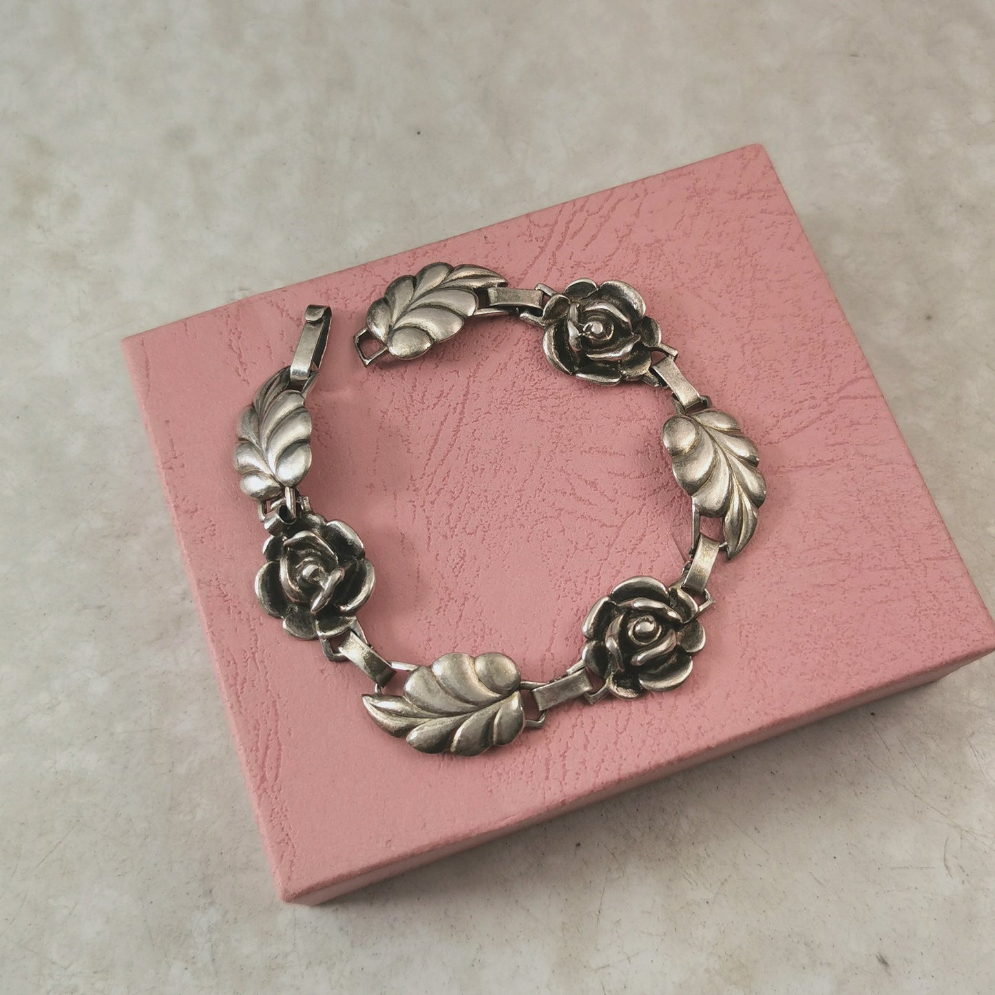 Vintage Sterling Silver Rose & Leaf Link Bracelet