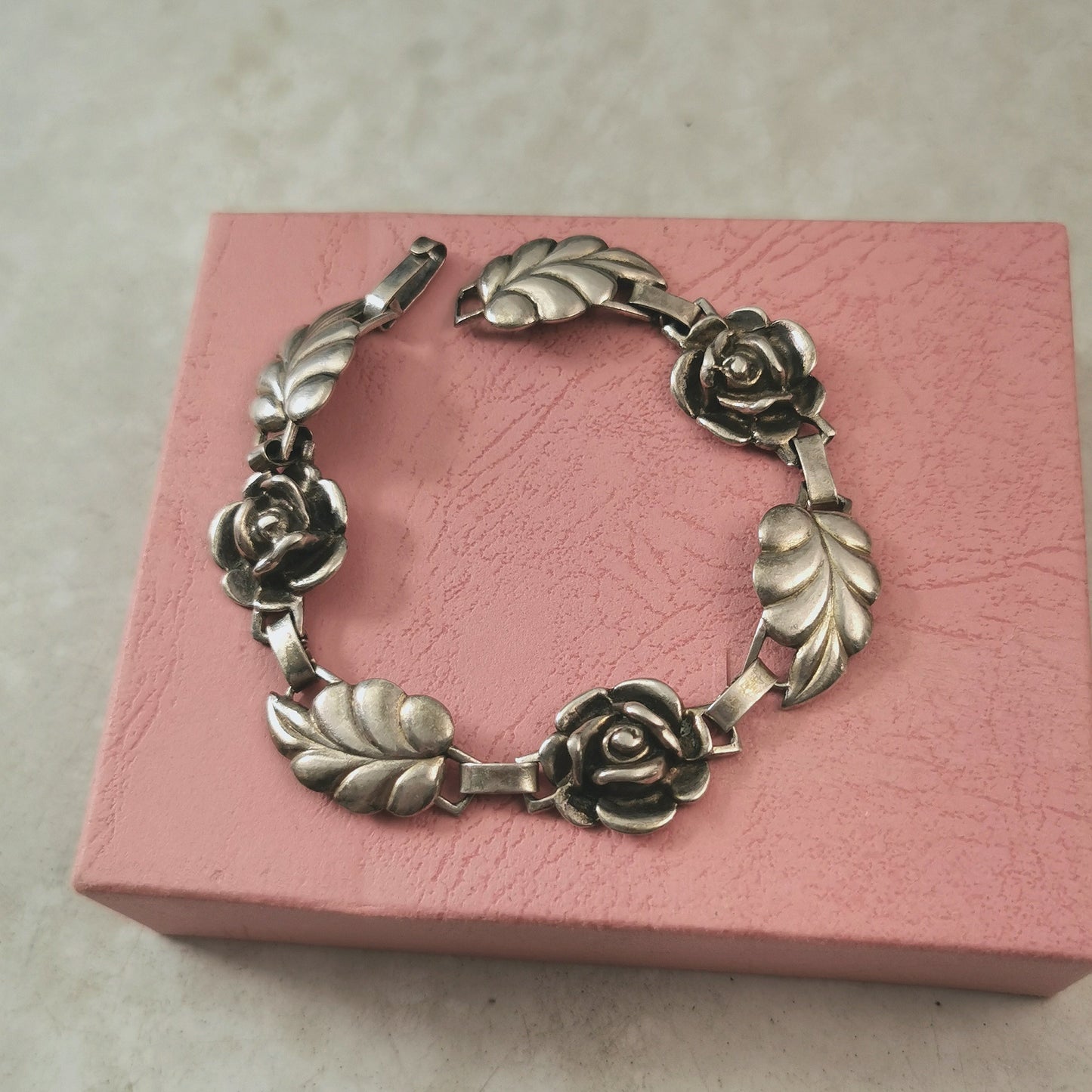 Vintage Sterling Silver Rose & Leaf Link Bracelet