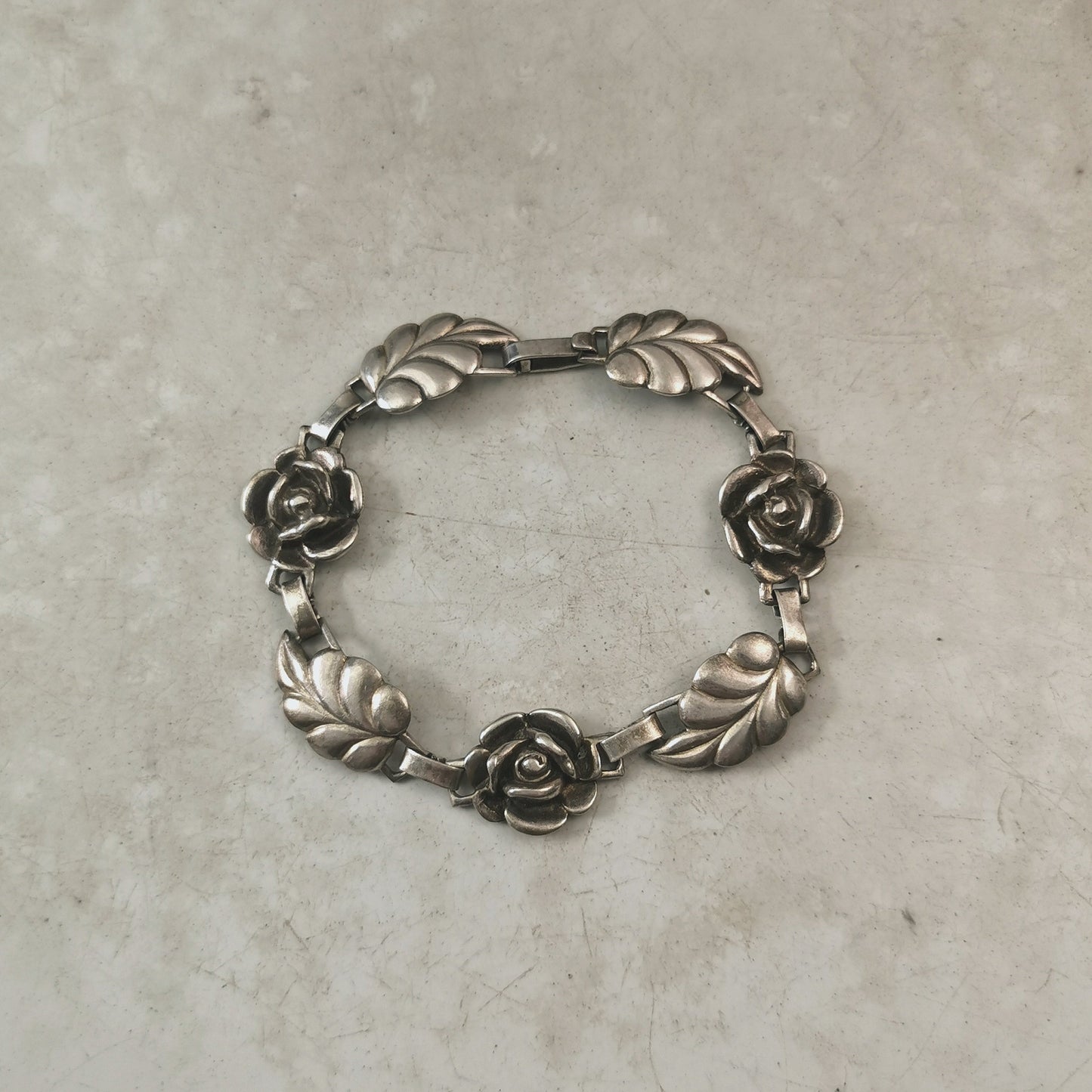 Vintage Sterling Silver Rose & Leaf Link Bracelet