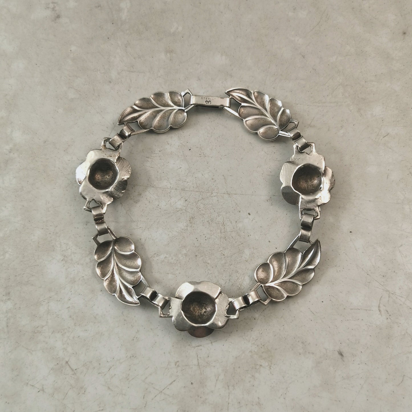 Vintage Sterling Silver Rose & Leaf Link Bracelet