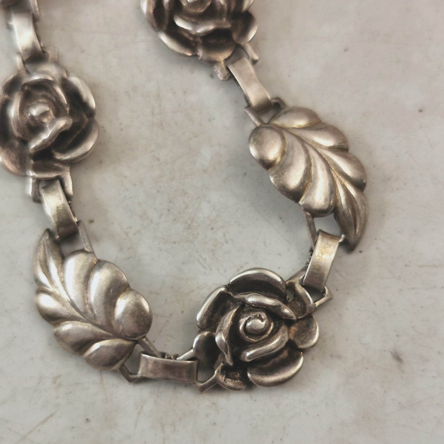 Vintage Sterling Silver Rose & Leaf Link Bracelet