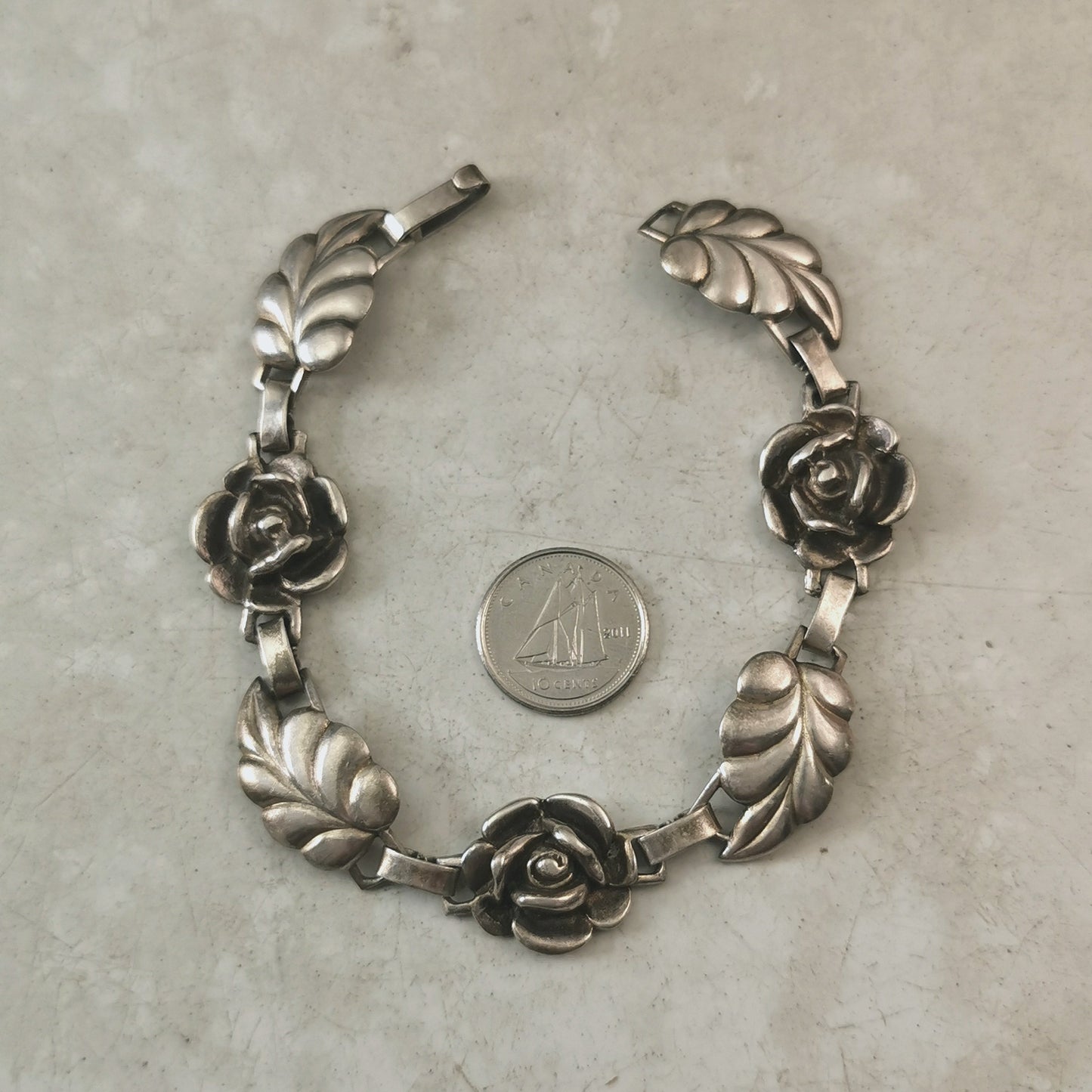 Vintage Sterling Silver Rose & Leaf Link Bracelet